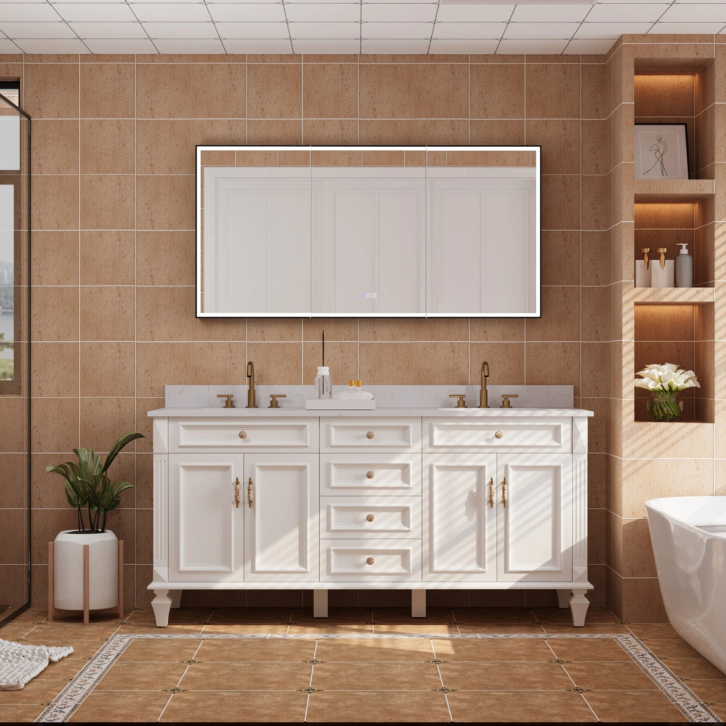 30'' H Recessed Or Surface Wall Mounted LED Mirror Cabinet With Mirror And Adjustable Shelves,Black Frame