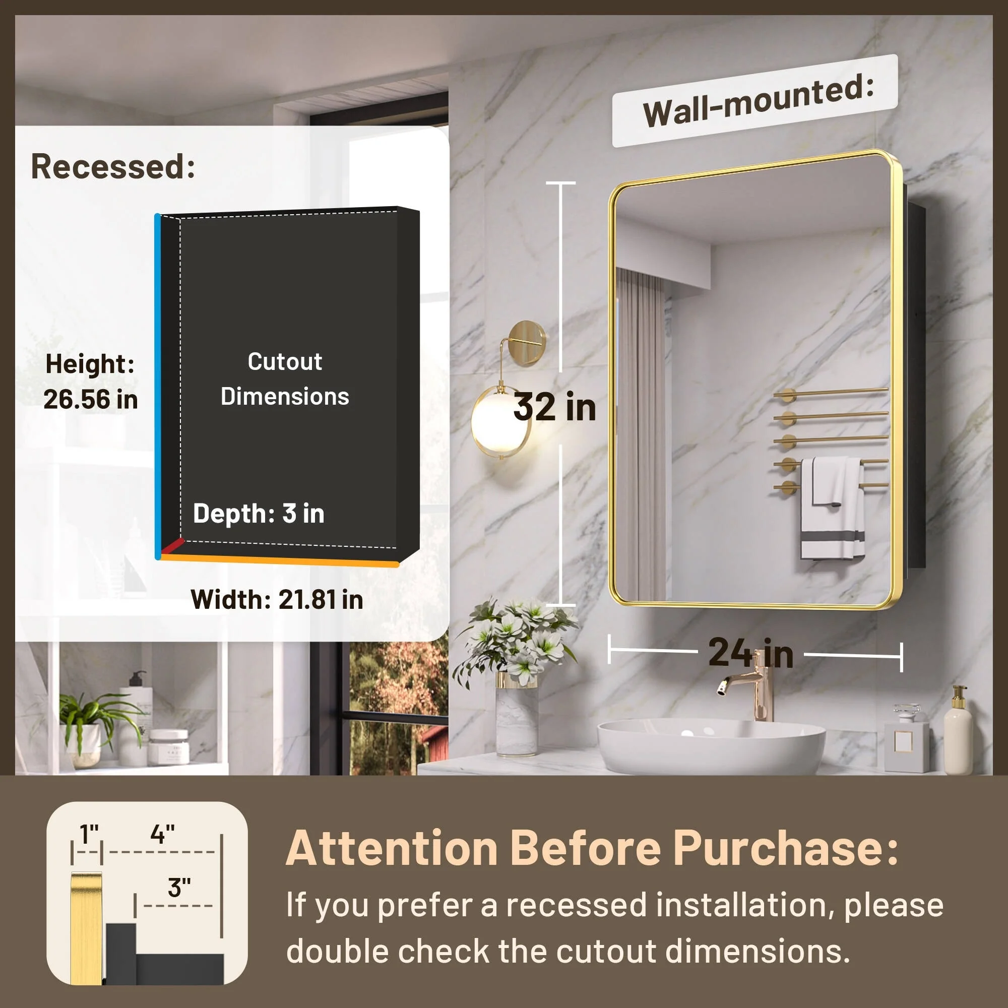 KEONJINN Medicine Cabinets for Bathroom with Mirror, Stainless Steel 1-3 Framed Doors