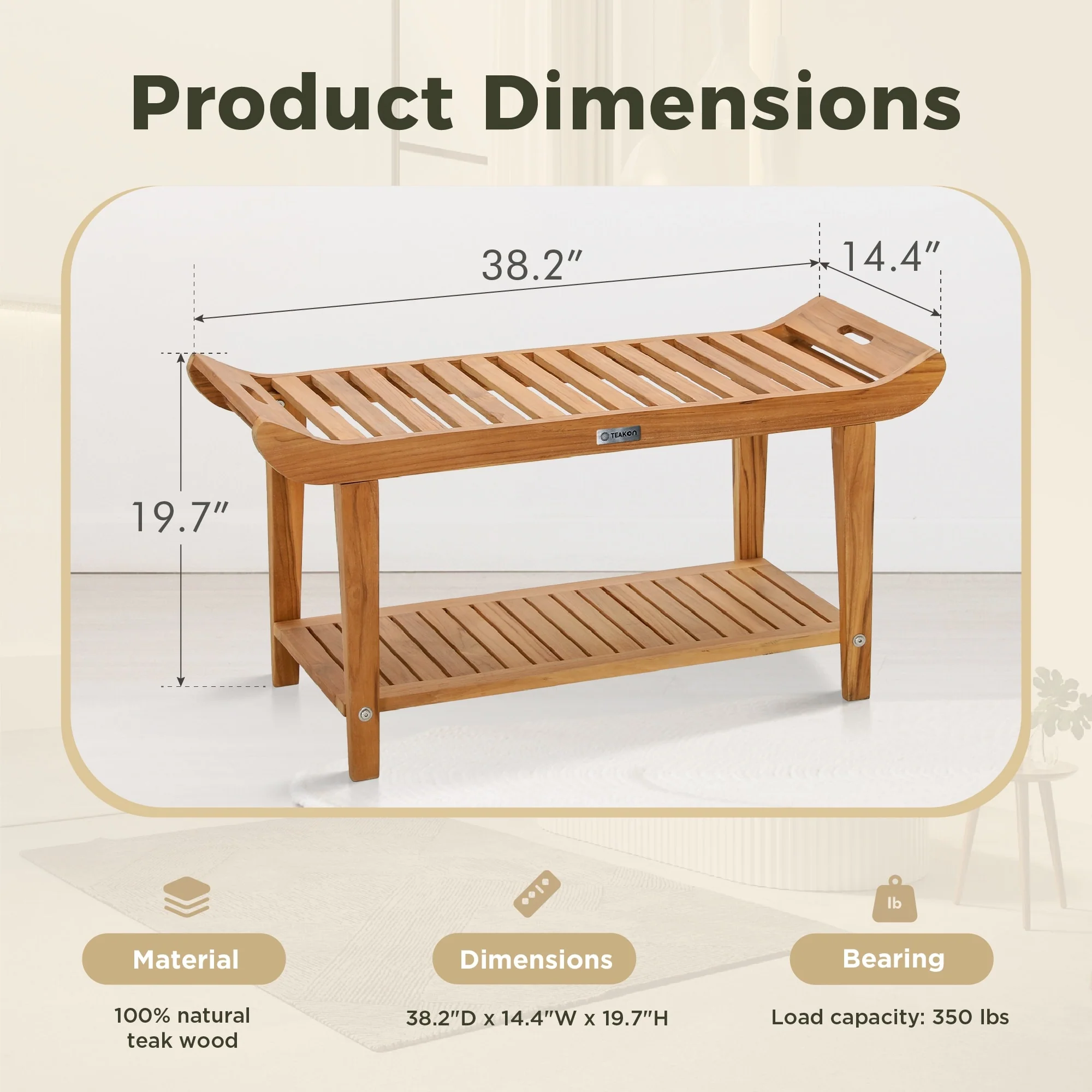 Bathroom Stool with Storage Shelf, Teak Shower Bench Waterproof Wood Bench, Shower Seat