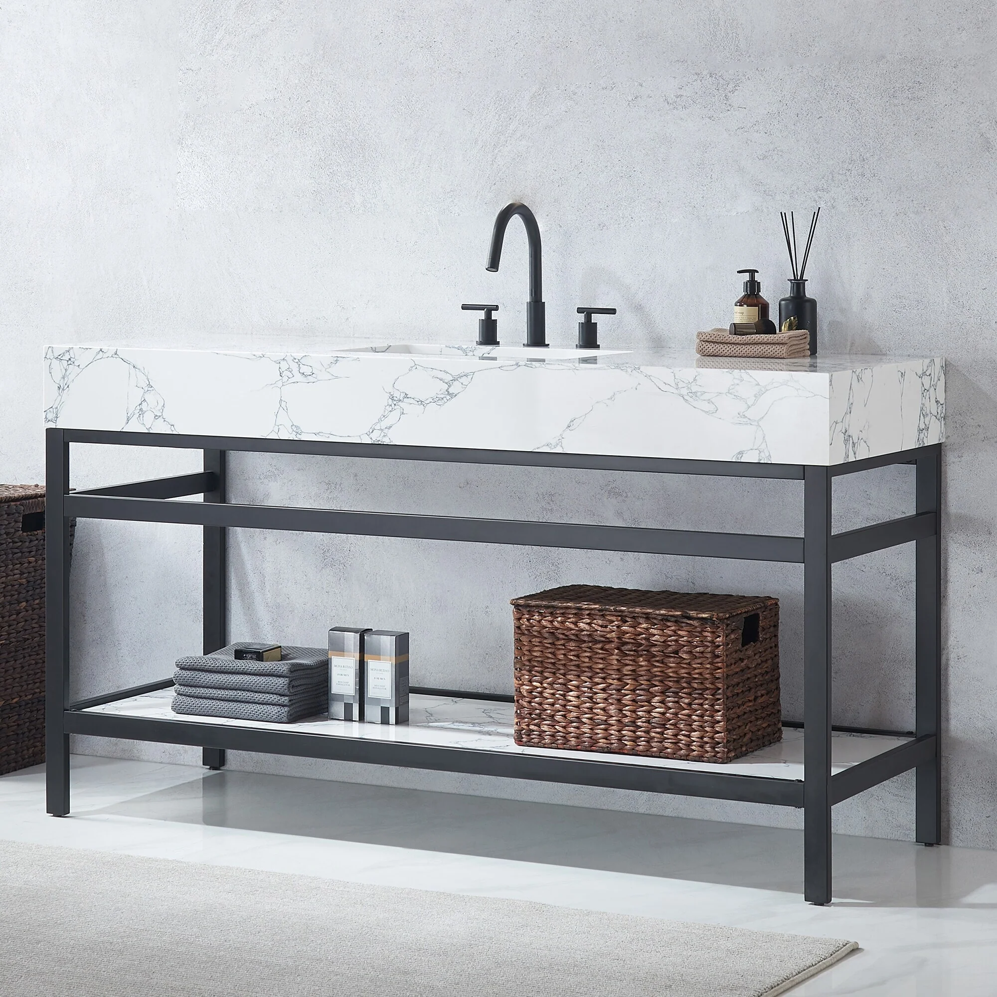 Ecija Bath Vanity, Metal Support with Composite Stone Top, no Mirror