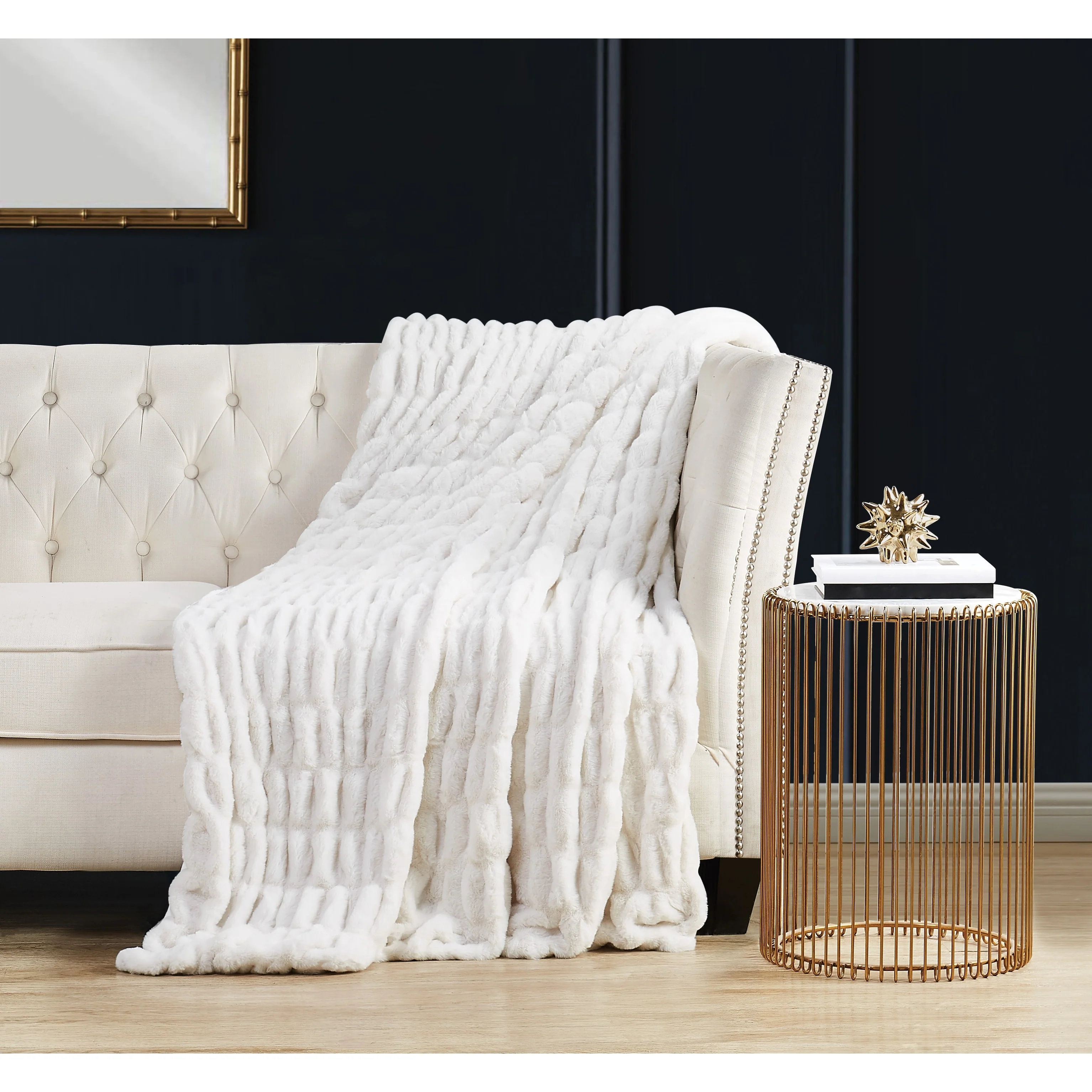 Badgley Mischka Home Ruched Faux Rabbit Fur 50x70 Throw in Gift Box