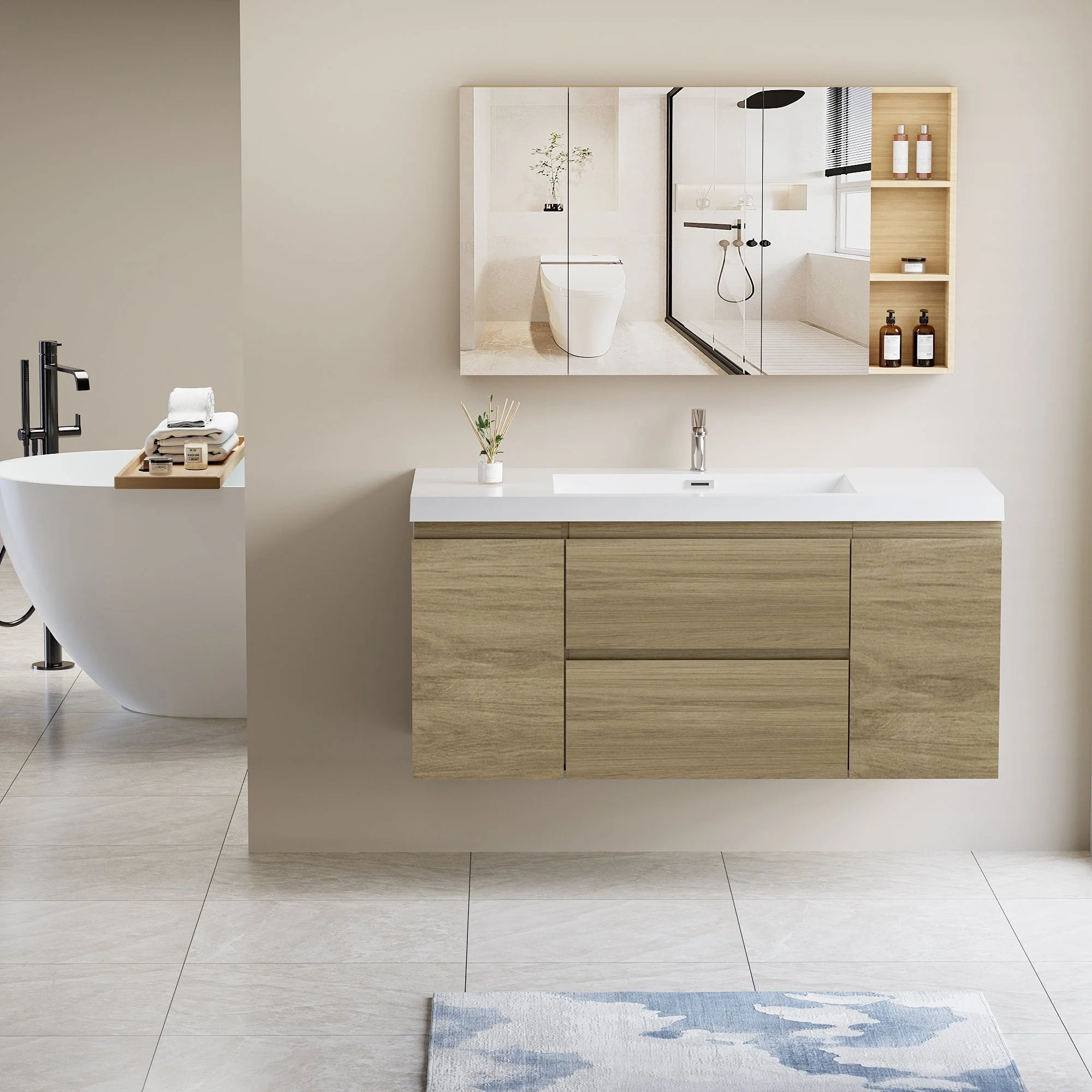 MDF Floating Bathroom Vanity with Integrated Resin Sink
