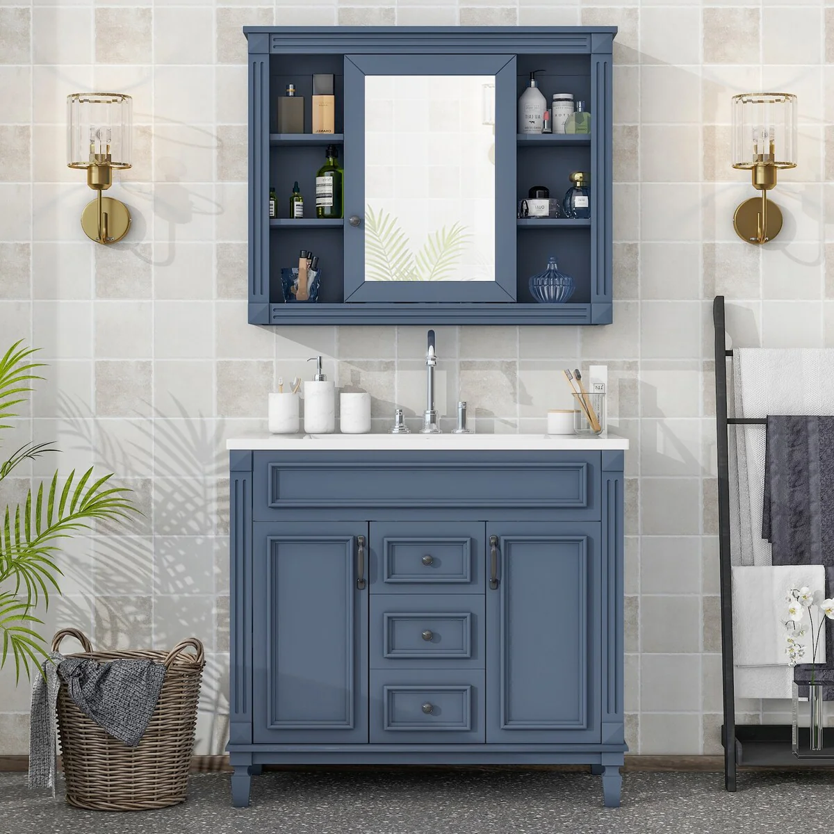 36 in. W x 18 in. D x 34 in. H Freestanding Bath Vanity with White Resin Top and Mirror Cabinet