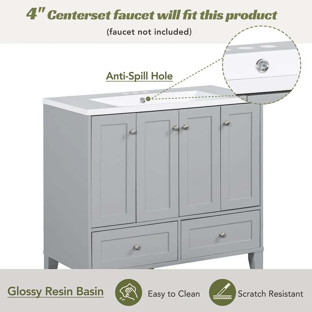 36'' Bathroom Vanity with Sink Set, Solid Wood Frame Bathroom Storage Cabinet, Freestanding Vanity Set