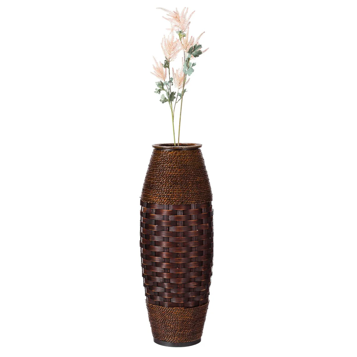 Antique Cylinder Style Floor Vase For Entryway or Living Room, Bamboo Rope, Brown 26