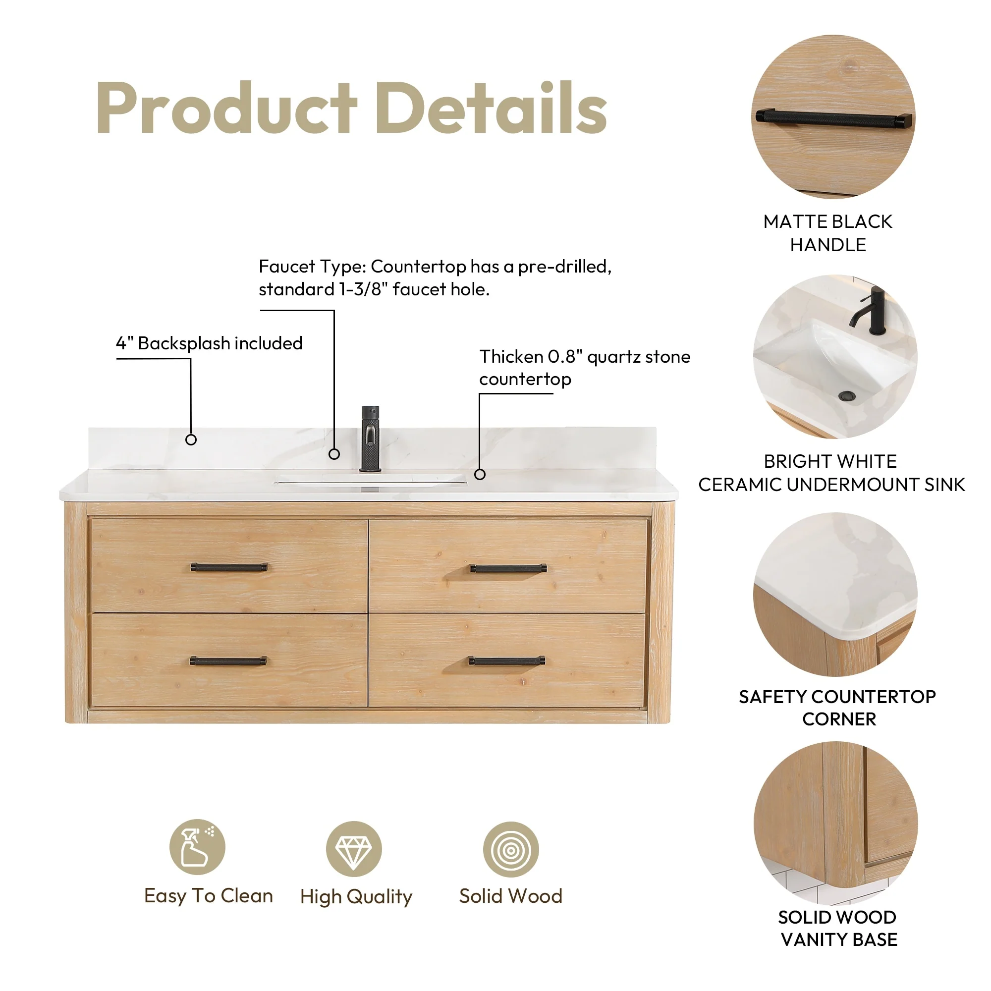 Cristo Floating Bath Vanity with White Quartz Stone Top and Mirror