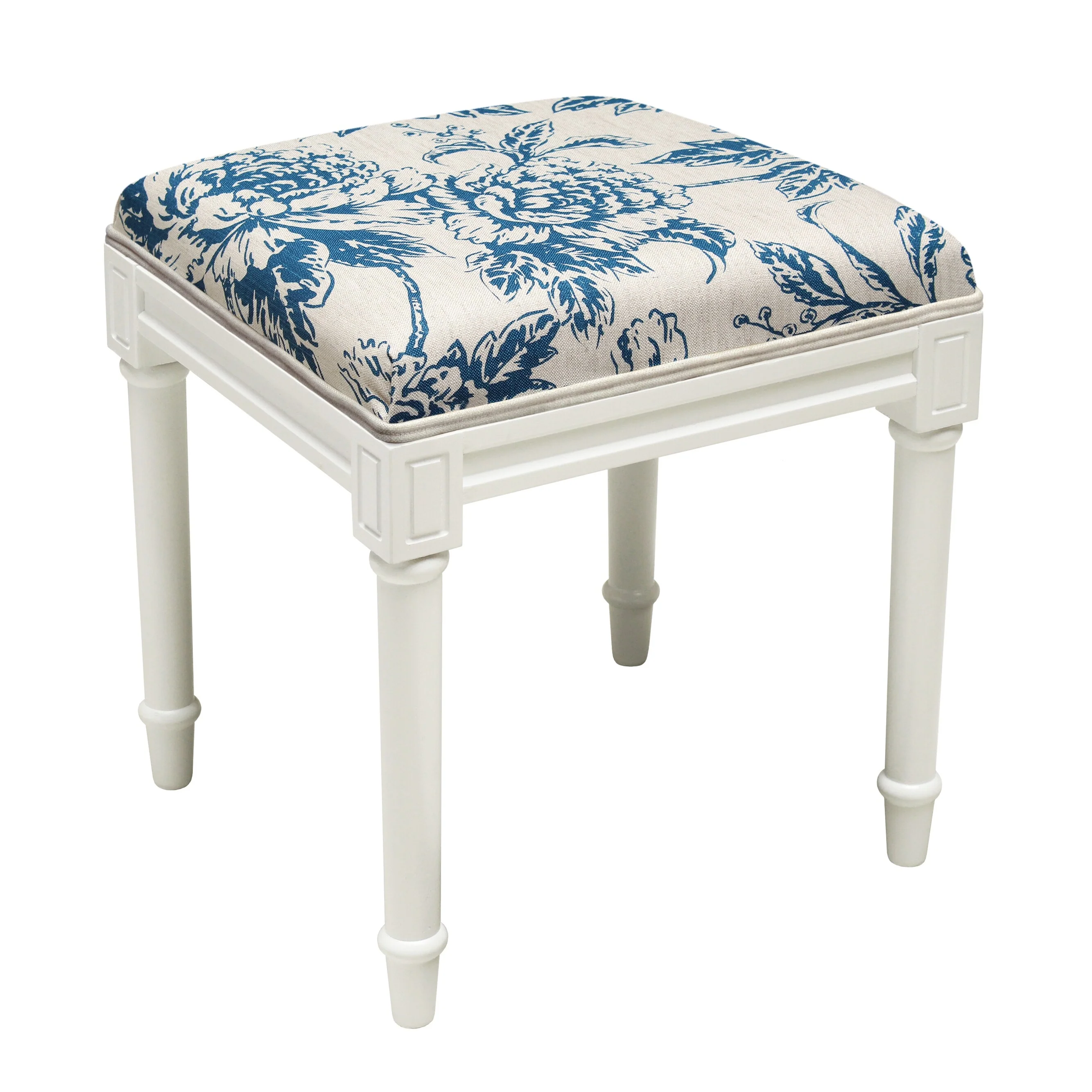 Navy Blue Peony Vanity Stool with White Frame