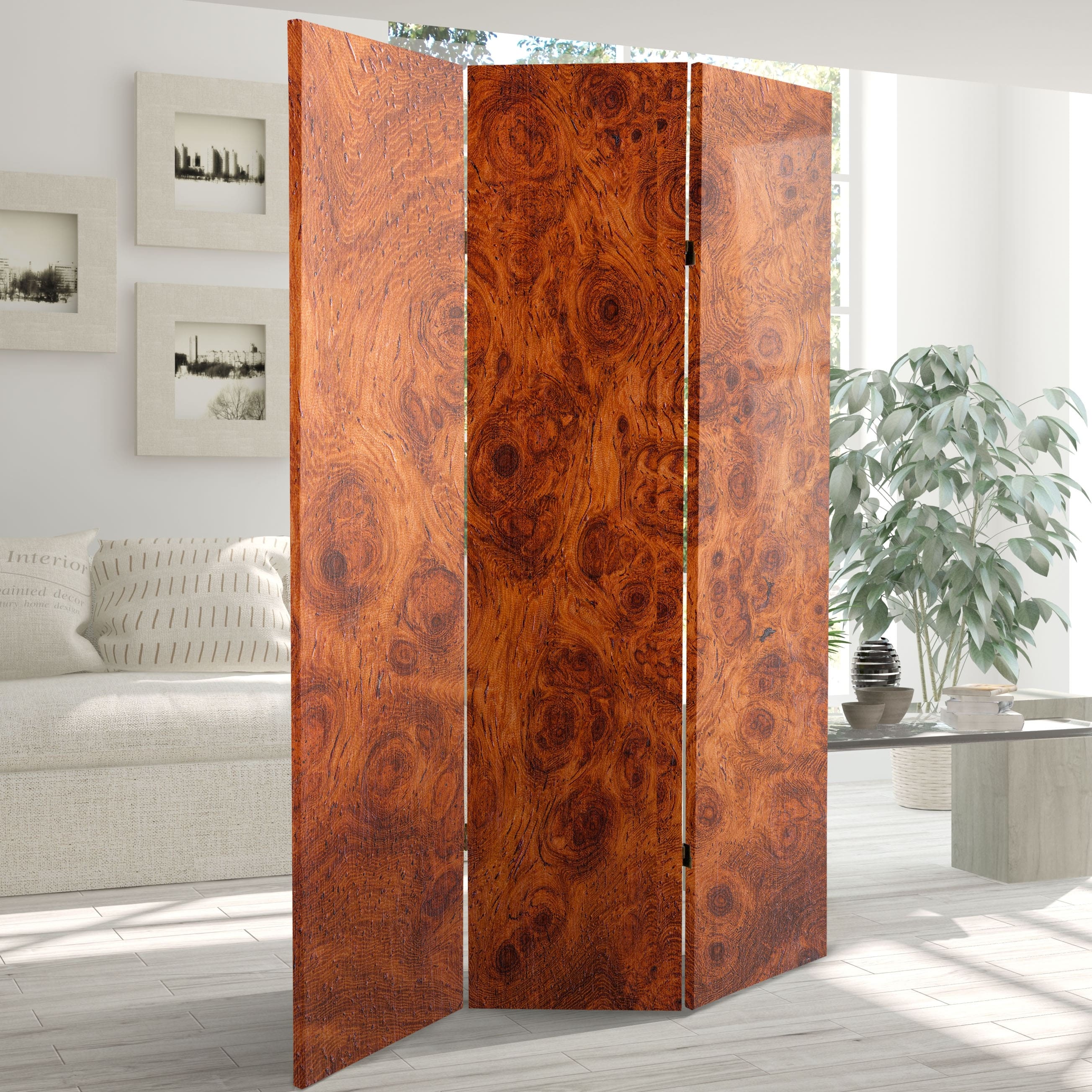 6 ft. Tall Double Sided Burl Wood Pattern Canvas Room Divider