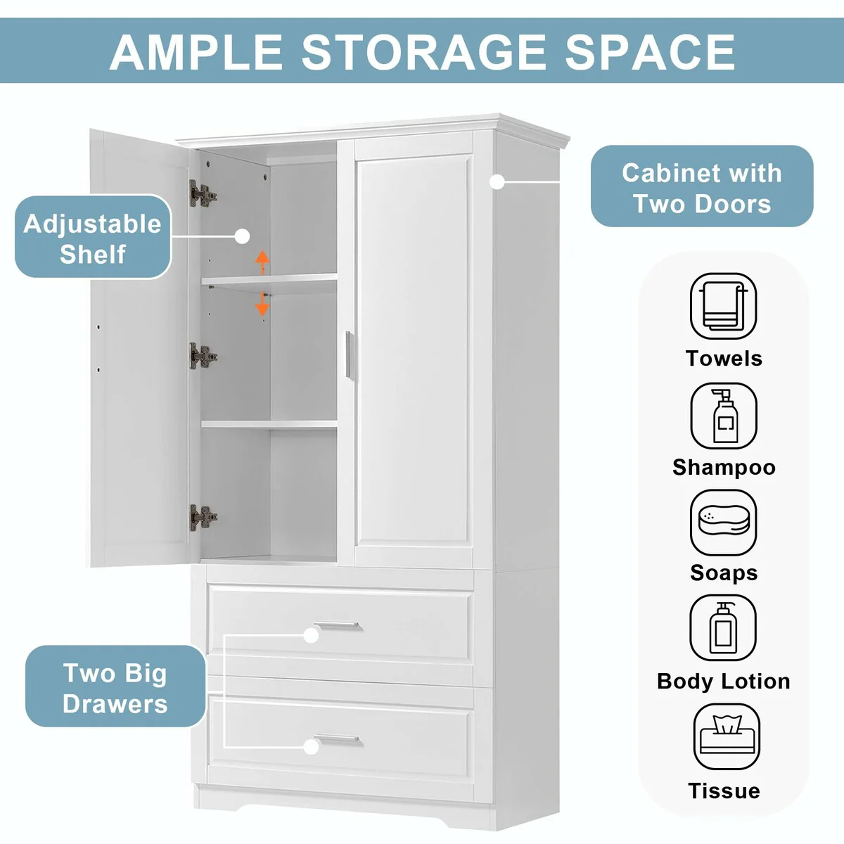 Tall Bathroom Storage Cabinet with Drawers and Adjustable Shelf