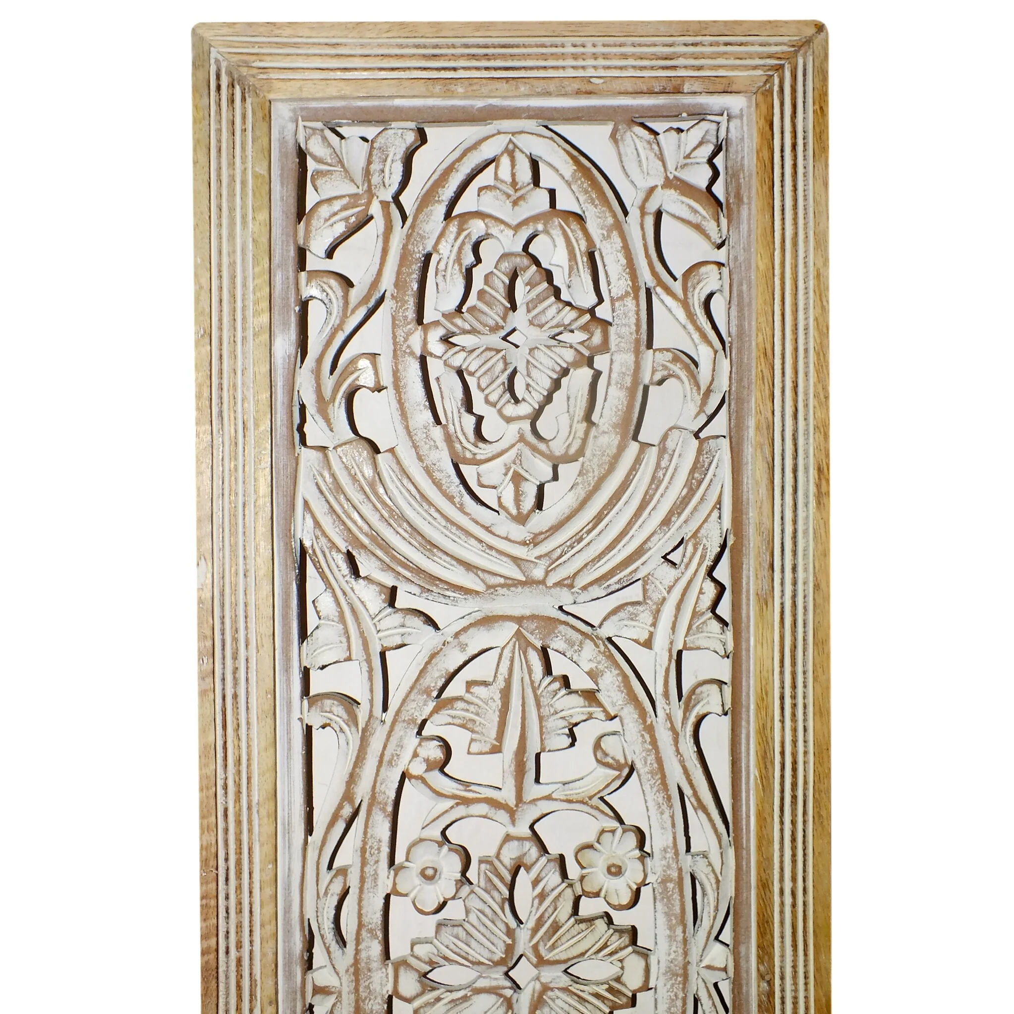 Rectangular Mango Wood Wall Panel Hand Crafted With Intricate Carving, White and Brown