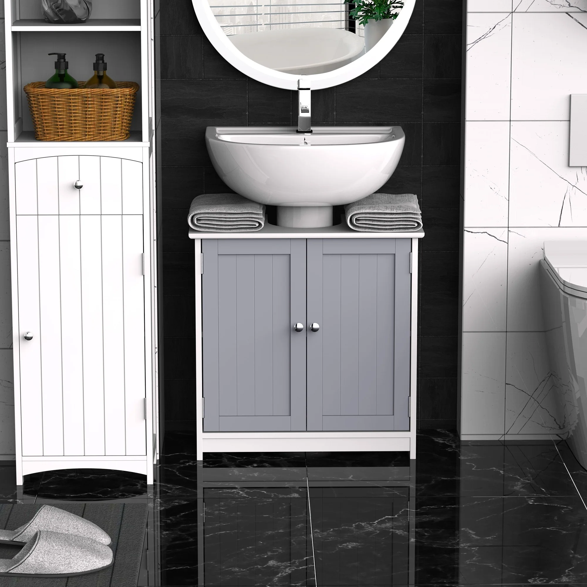 kleankin Vanity Base Cabinet, Under-Sink Bathroom Cabinet Storage with U-Shape Cut-Out, White and Grey