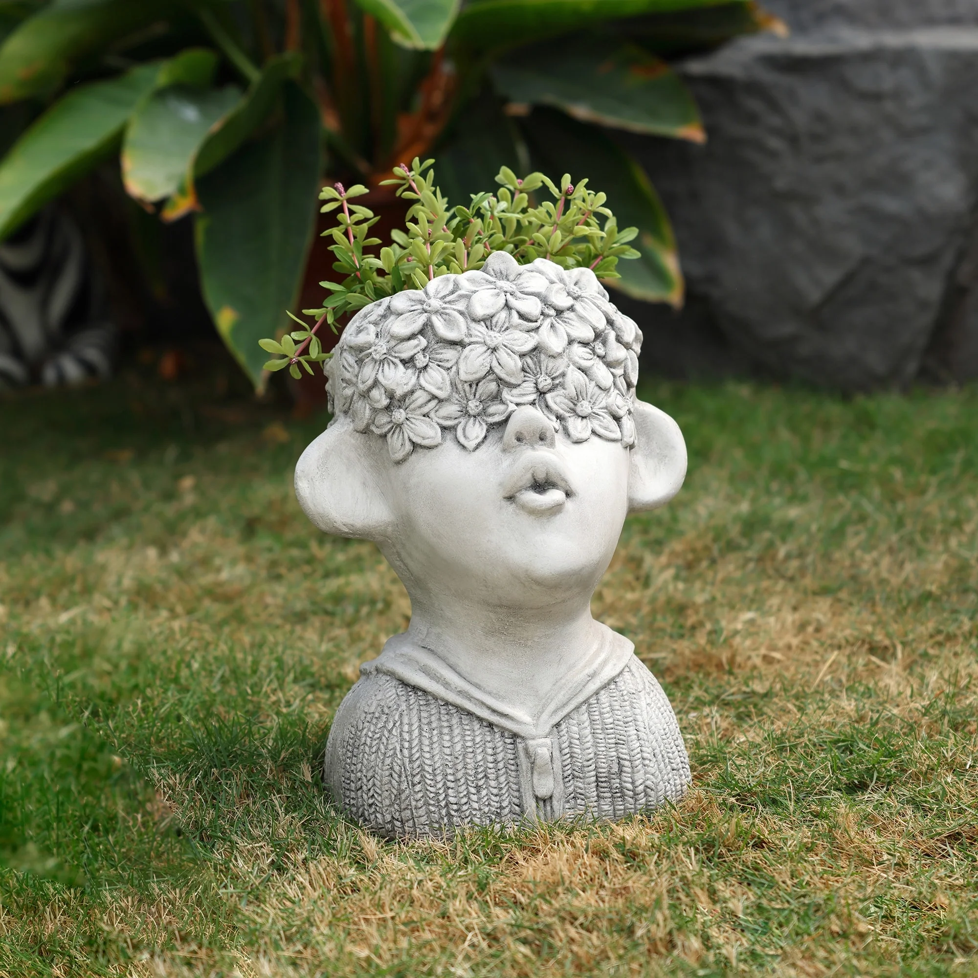 Grey MgO Kissing Flower Child Bust Head Planter