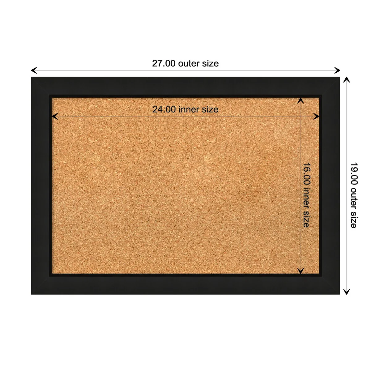 Midnight Black Narrow Wood Framed Natural Corkboard Bulletin Board