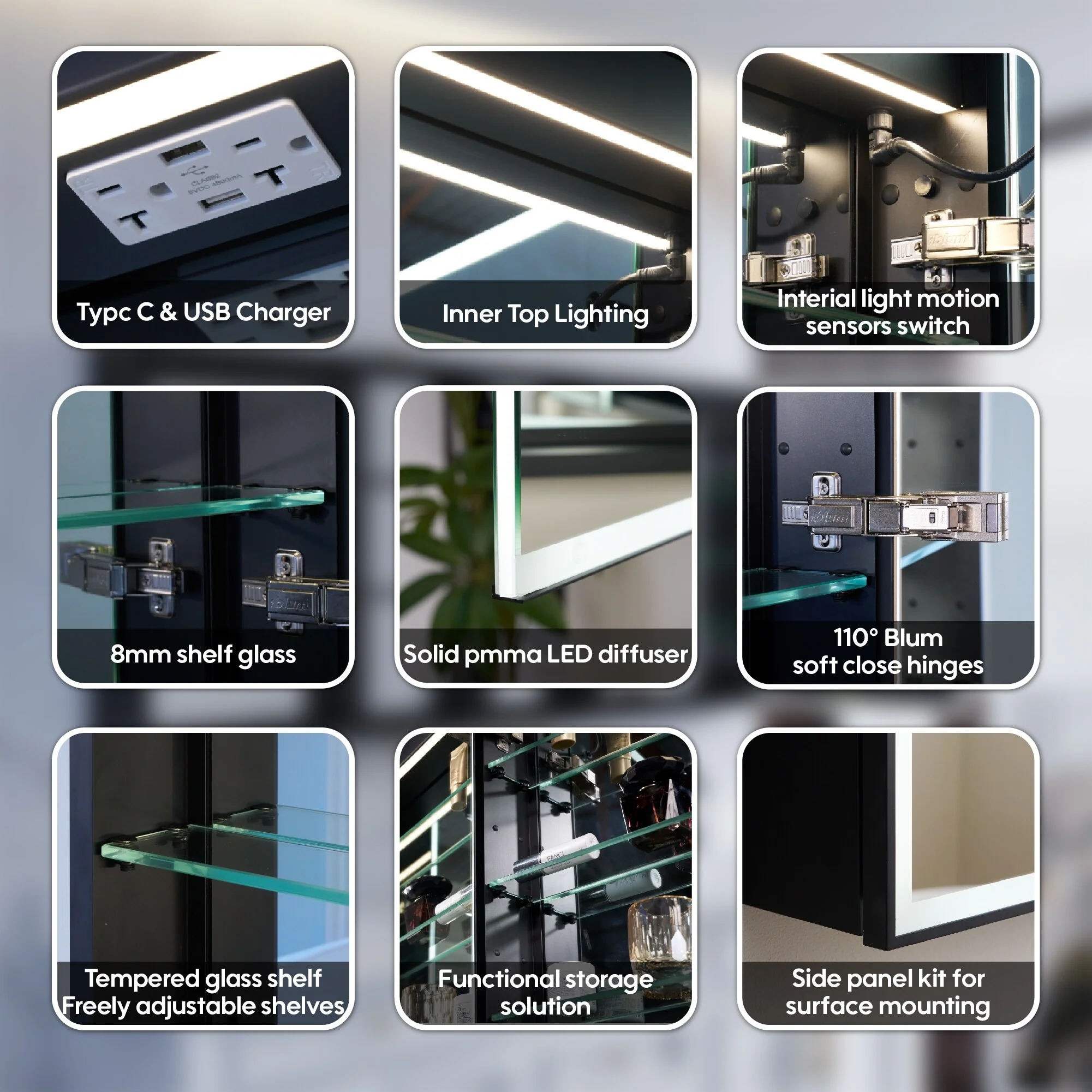 30 in. H Recessed or Surface Wall Mounted LED Mirror Cabinet With Black Side Cabinet