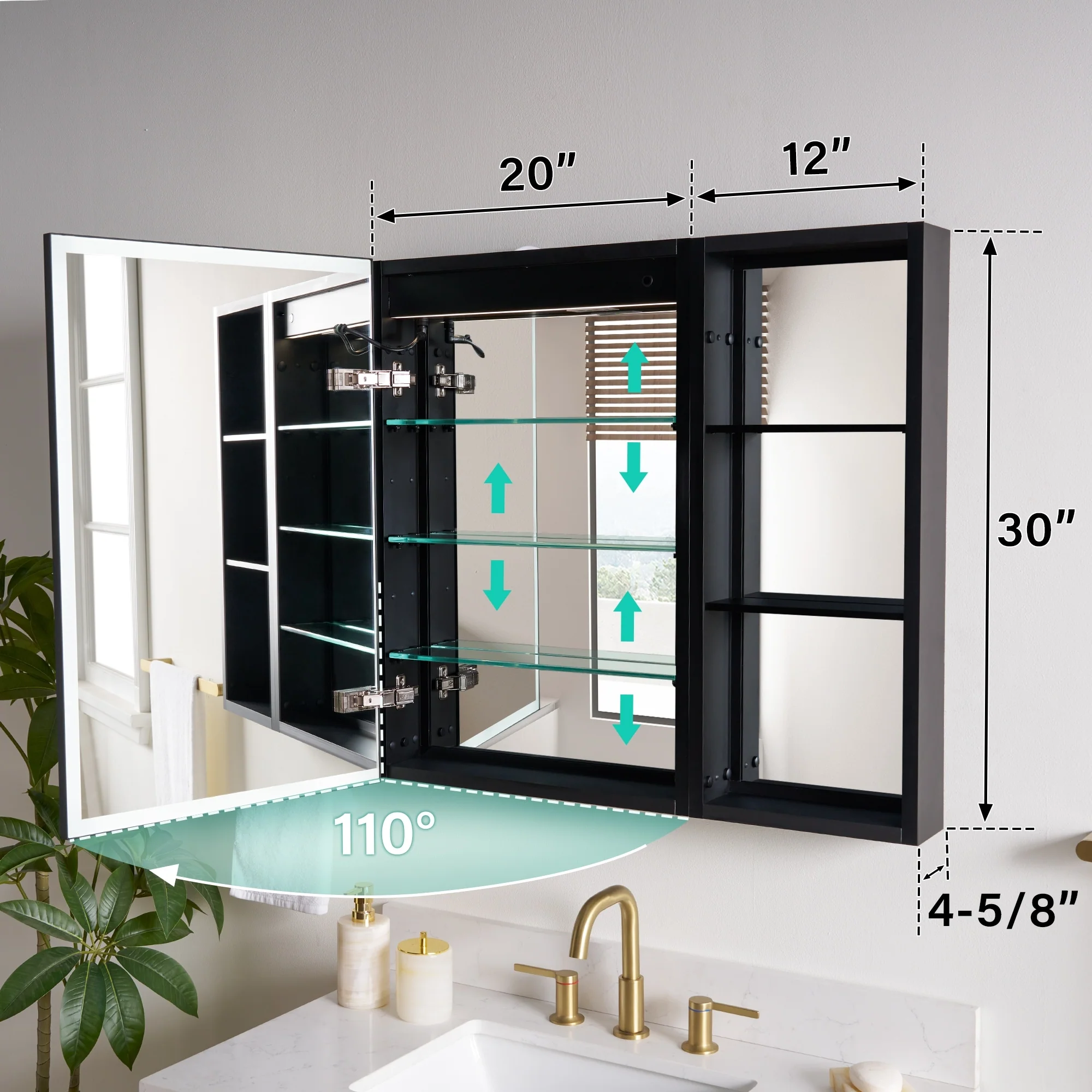 30 in. H Recessed or Surface Wall Mounted LED Mirror Cabinet With Black Side Cabinet