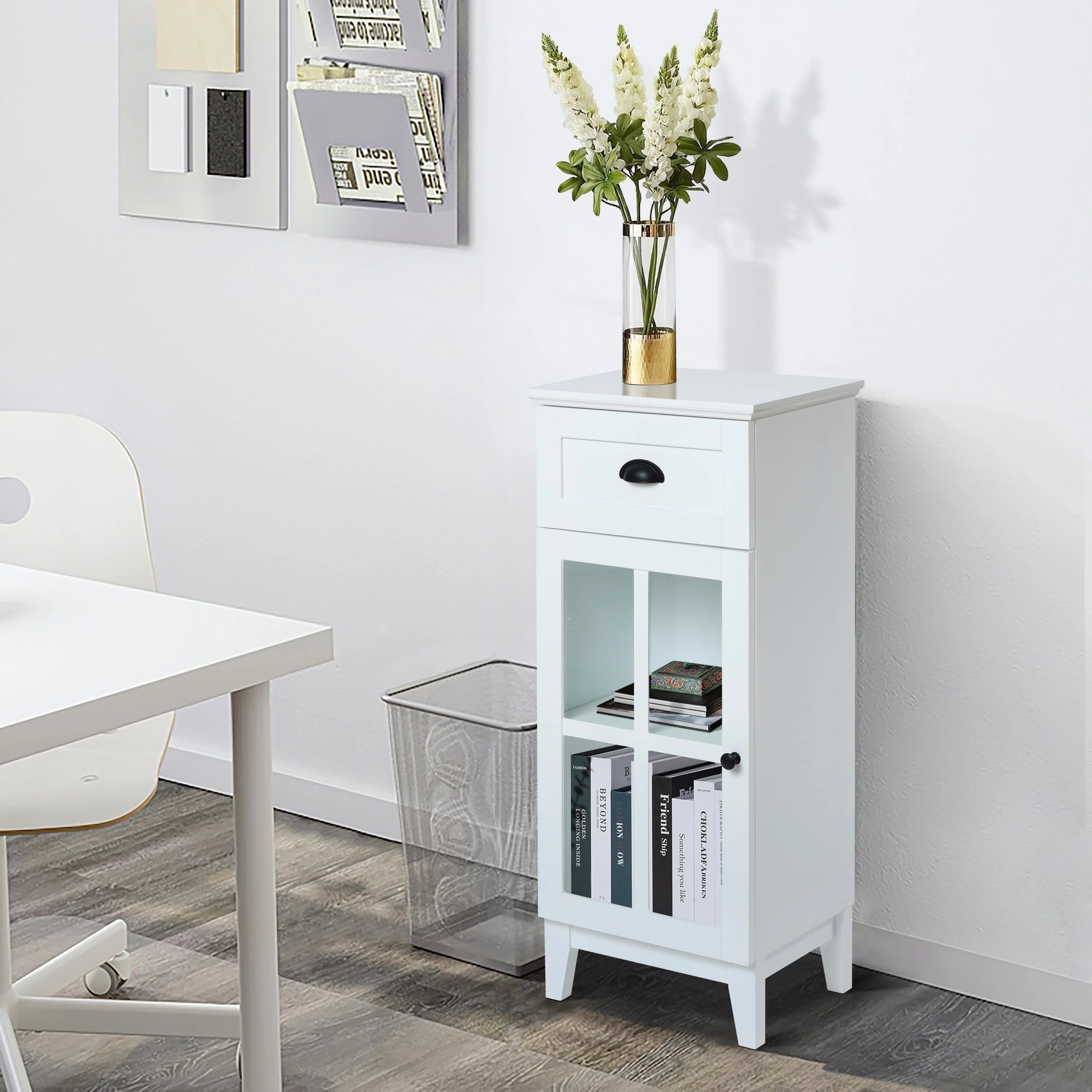 White MDF Wood Slim Bathroom Storage Cabinet and End Table - 37