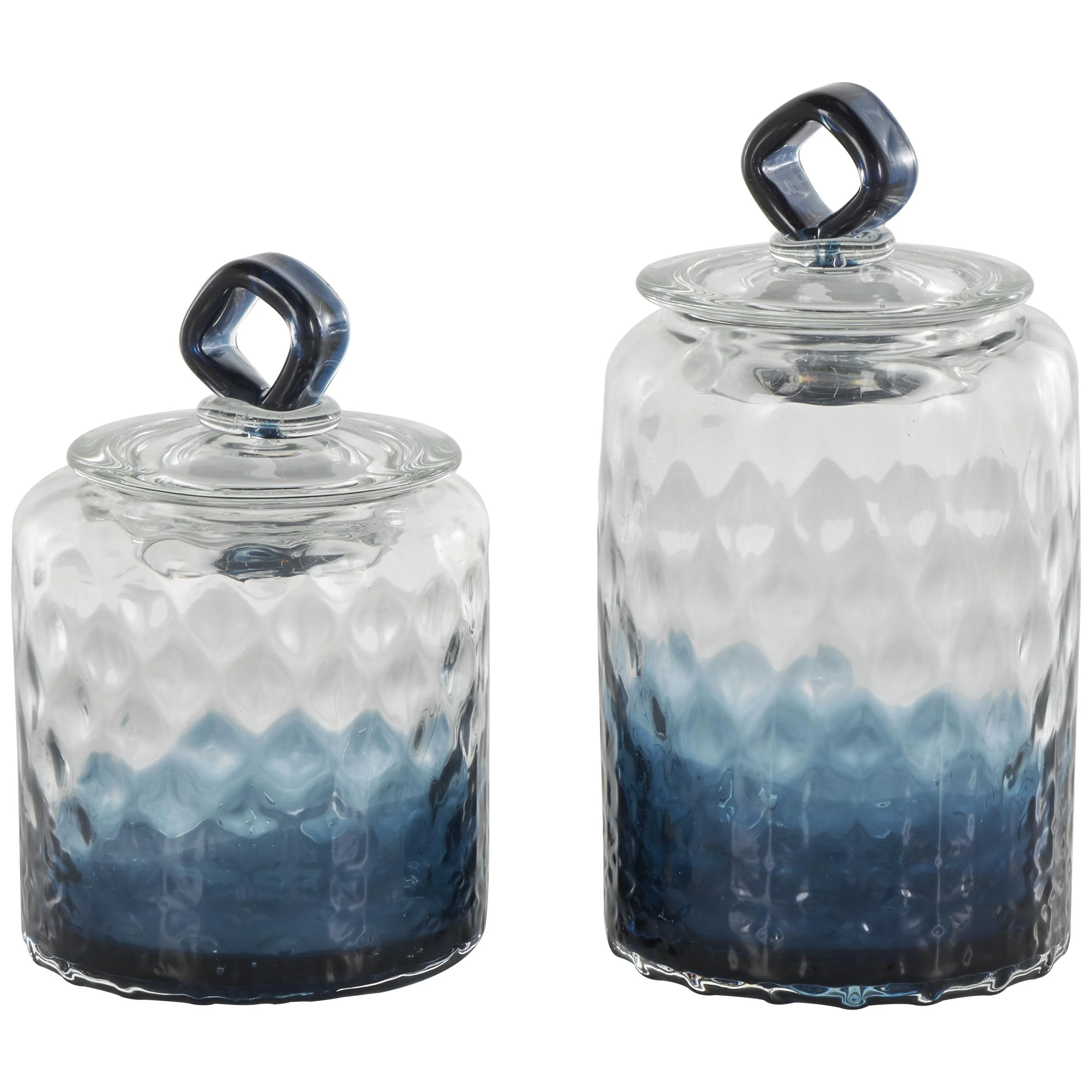 Glass Geometric Faceted Ombre Living Room Decorative Jars with Diamond Knobs - Set of 2 Dark Blue - Roche River Decor