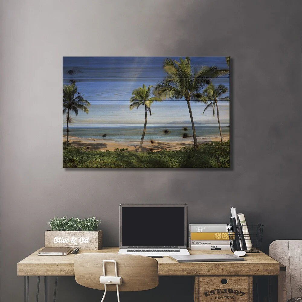 Palm Tree Lined Beach, Maui, Hawaii, USA Print On Wood by Panoramic Images - Multi-Color