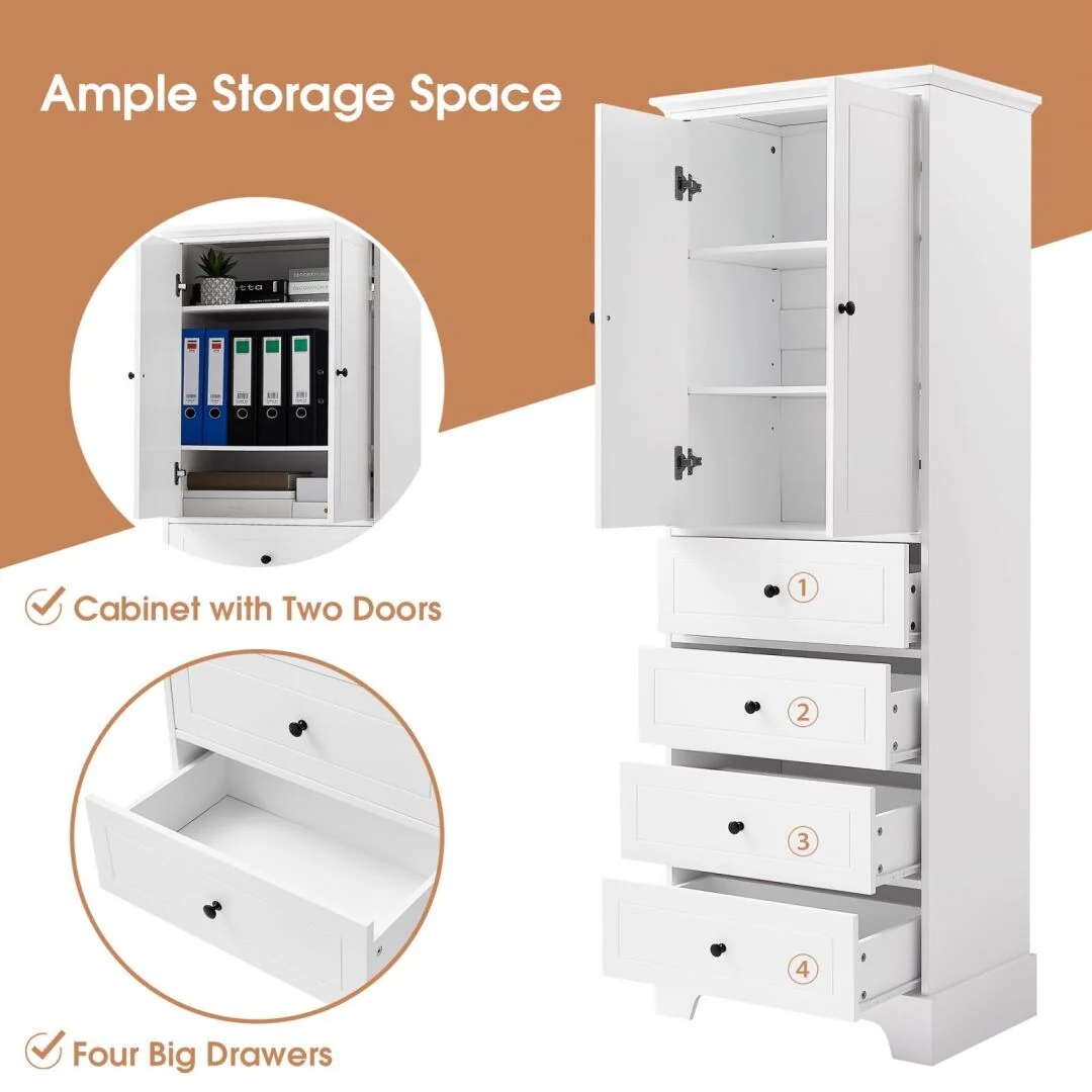 Storage Cabinet with 2 Doors and 4 Drawers for Bathroom Adjustable Shelf, MDF Board with Painted Finish