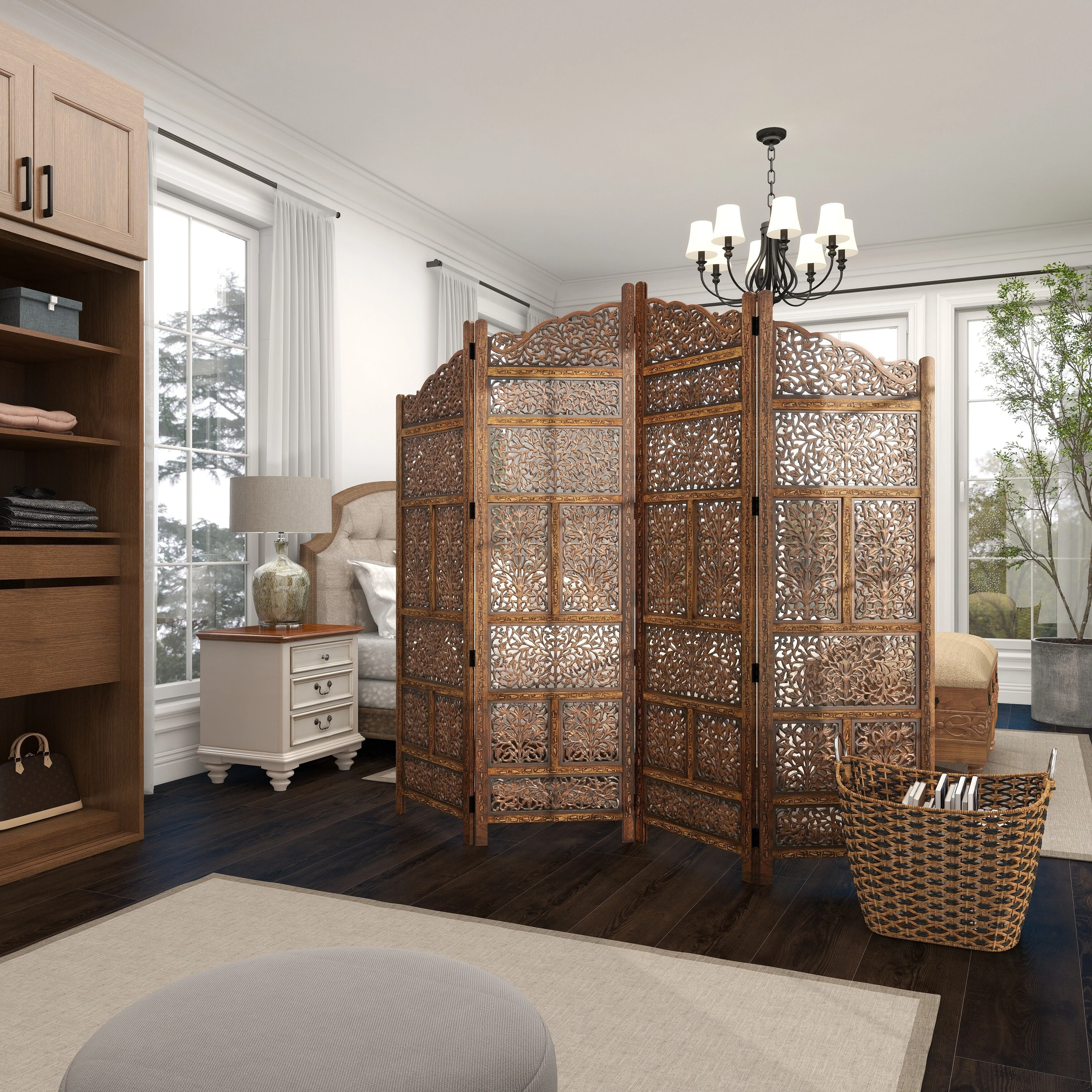 Hand Carved Fold-able 4-Panel Wooden Partition Screen/ Room Divider, Brown