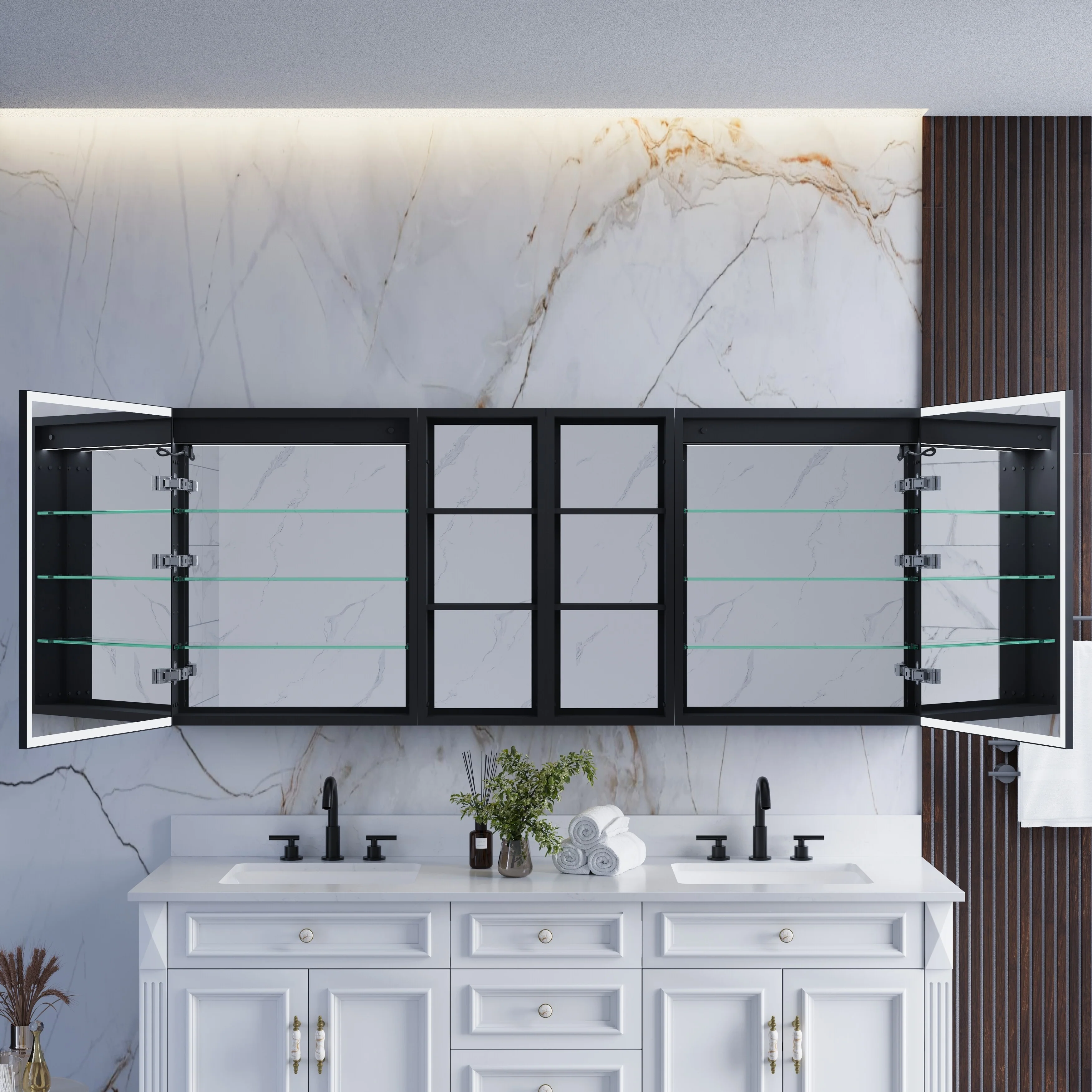 30 in. H Recessed or Surface Wall Mounted LED Mirror Cabinet With Black Side Cabinet