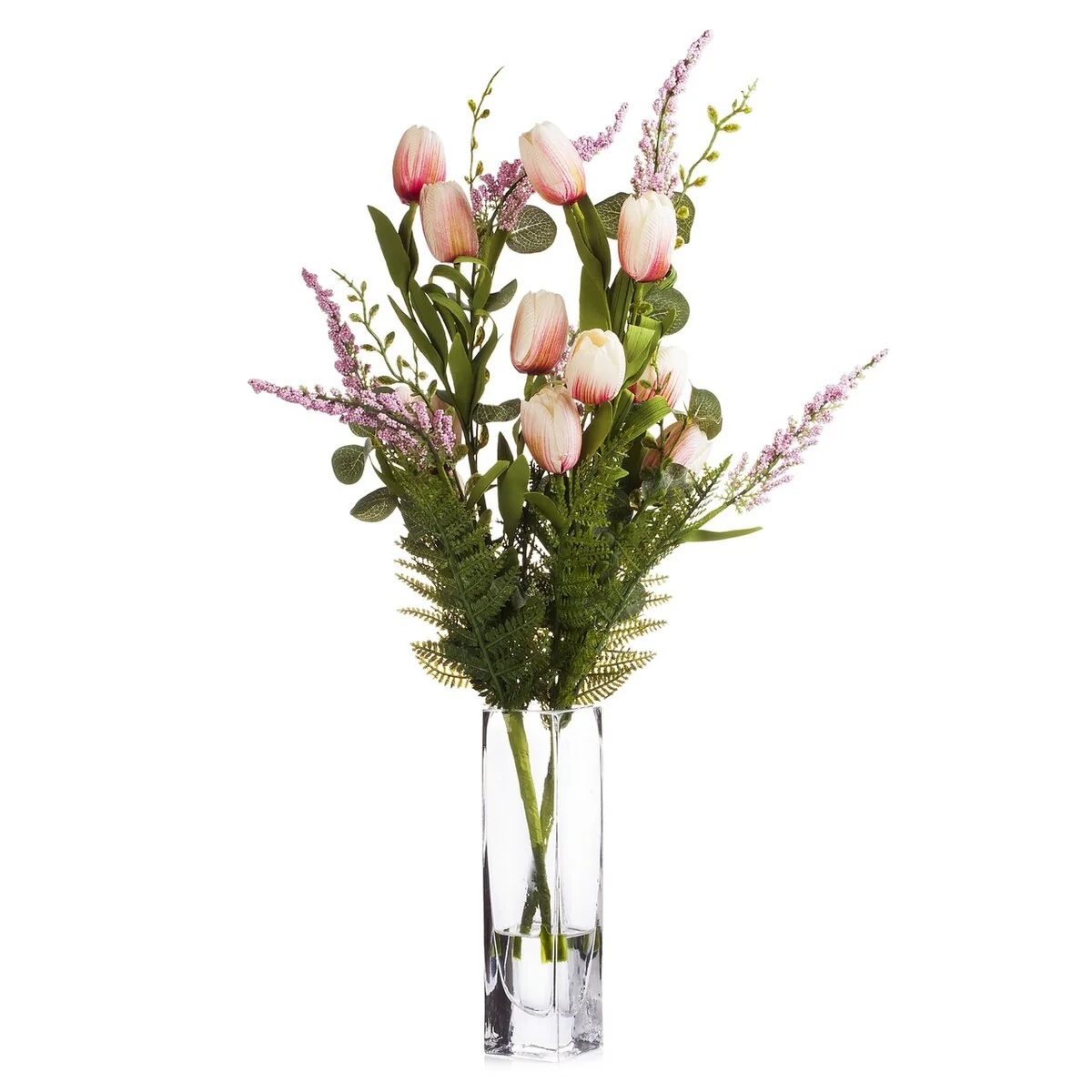 Enova Home Artificial Mixed Silk Tulips Fake Flowers in Clear Glass Vase with Faux Water For Home Wedding Decoratioin