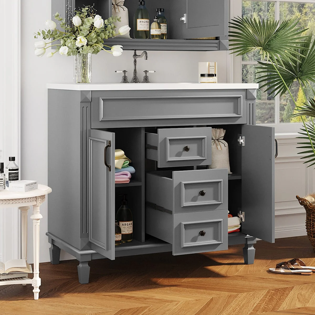 Modern Bathroom Storage Vanity with Top Sink, 2 Soft Closing Doors & 2 Drawers