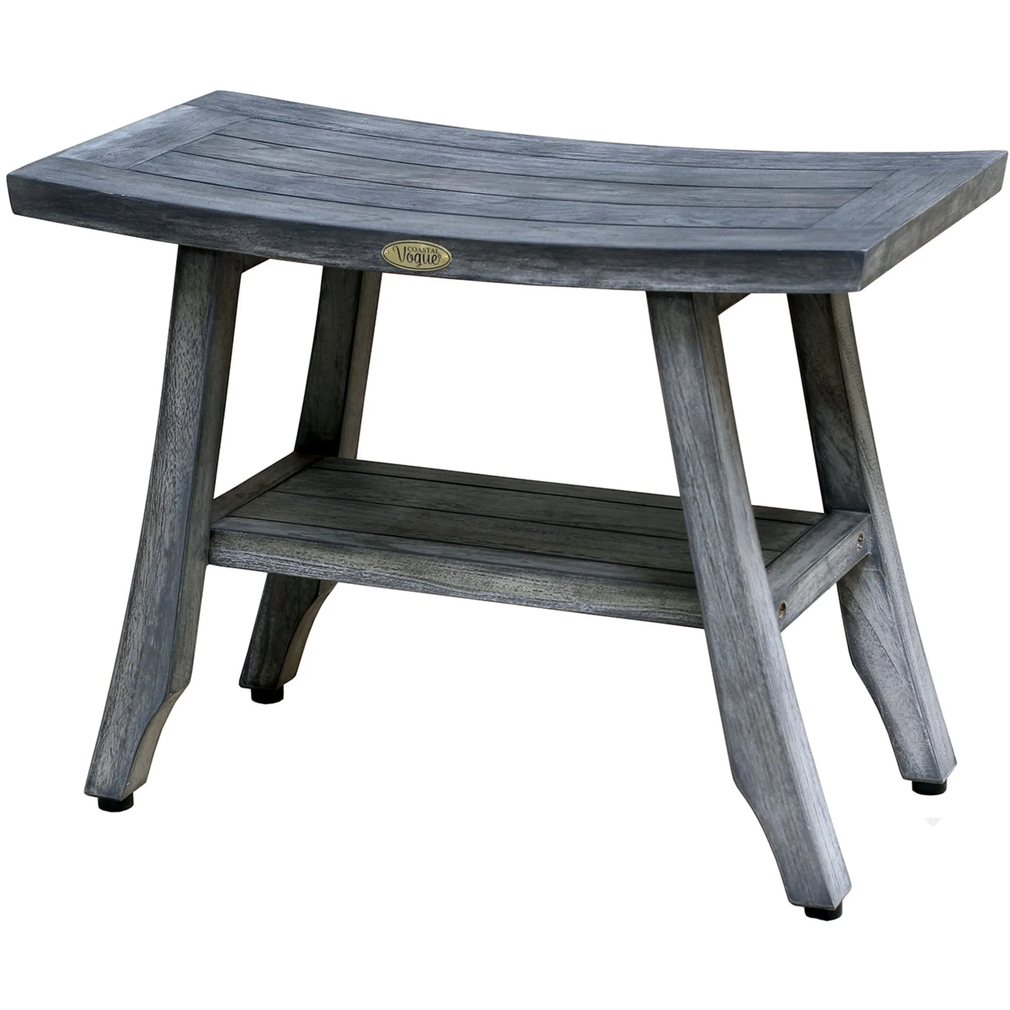 CoastalVogue Satori Antique Gray Teak Wood Shower Bench with Curved Seat and Shelf 24-inches Wide x 18-inches high