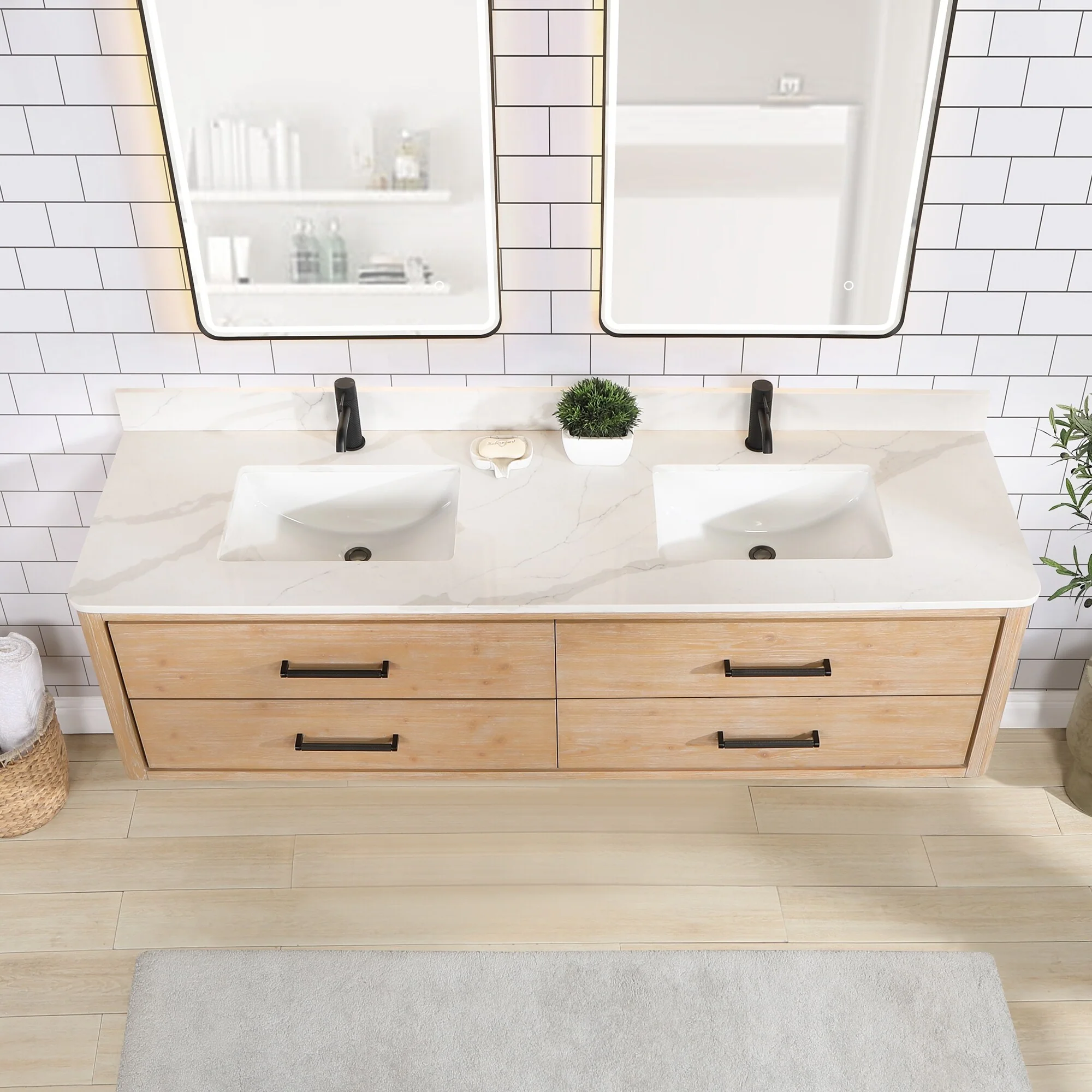 Cristo Floating Bath Vanity with White Quartz Stone Top and Mirror