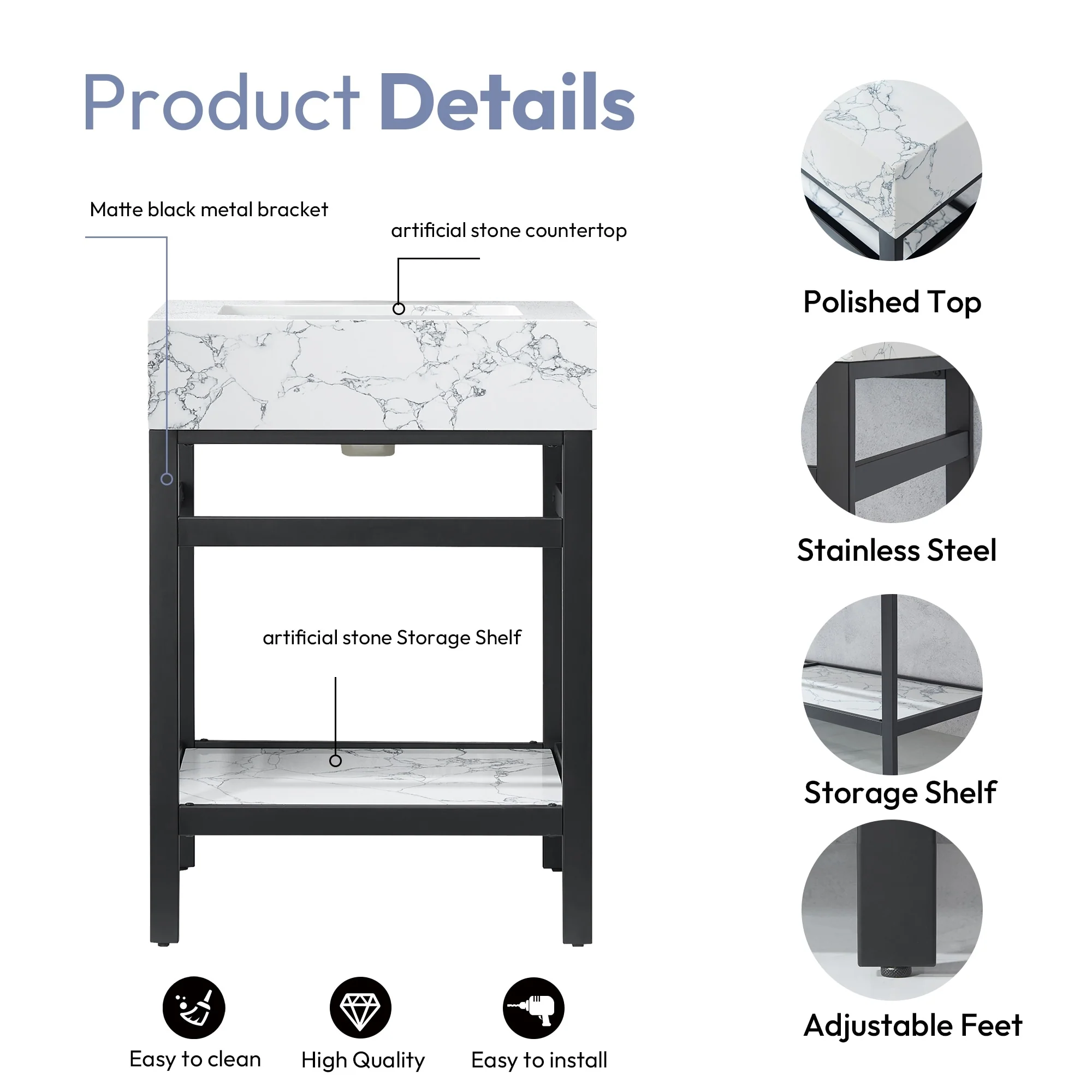 Ecija Bath Vanity, Metal Support with Composite Stone Top, no Mirror