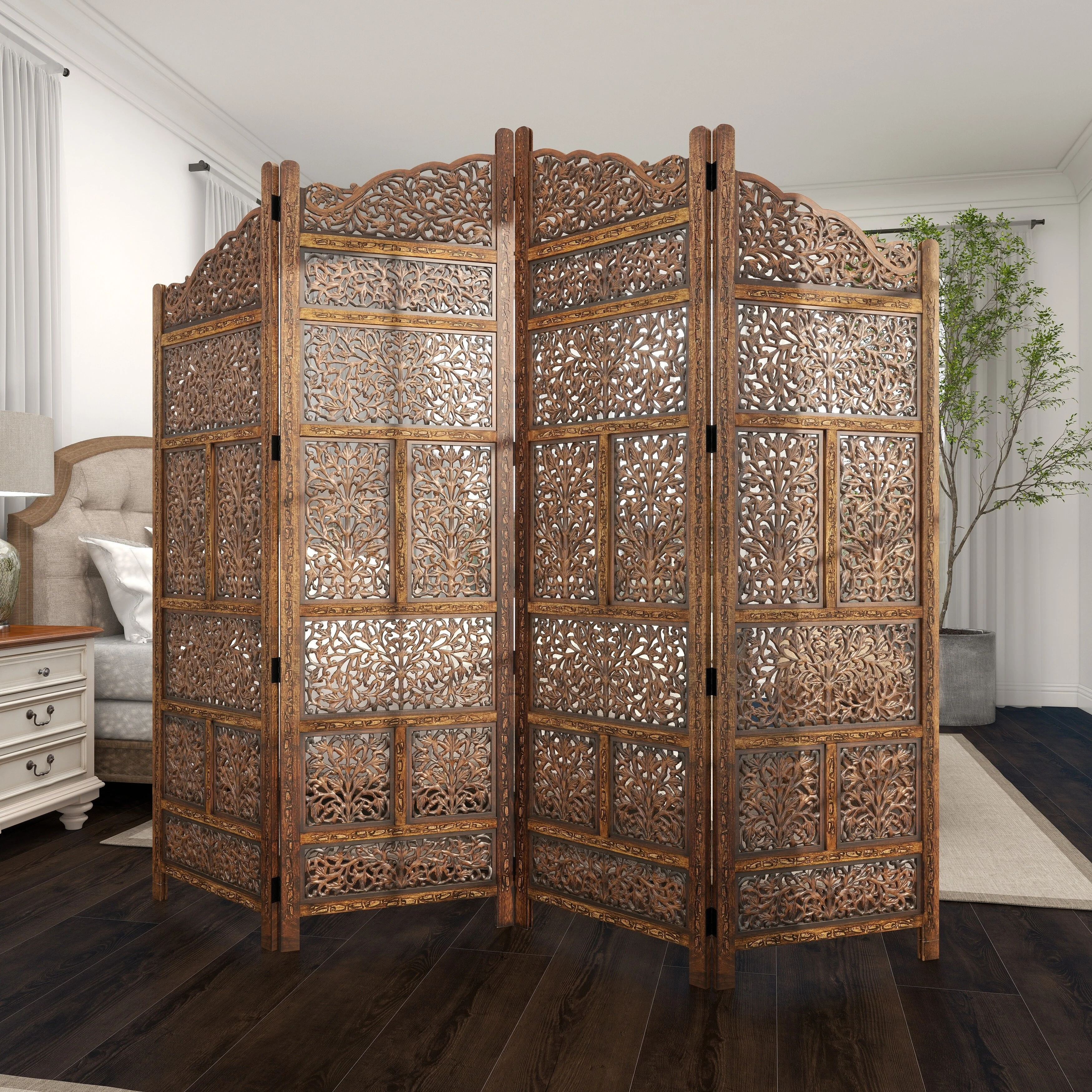 Hand Carved Fold-able 4-Panel Wooden Partition Screen/ Room Divider, Brown