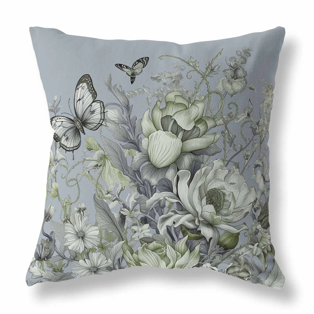Grey And Green Garden Delights Indoor/Outdoor Throw Pillow Zipper