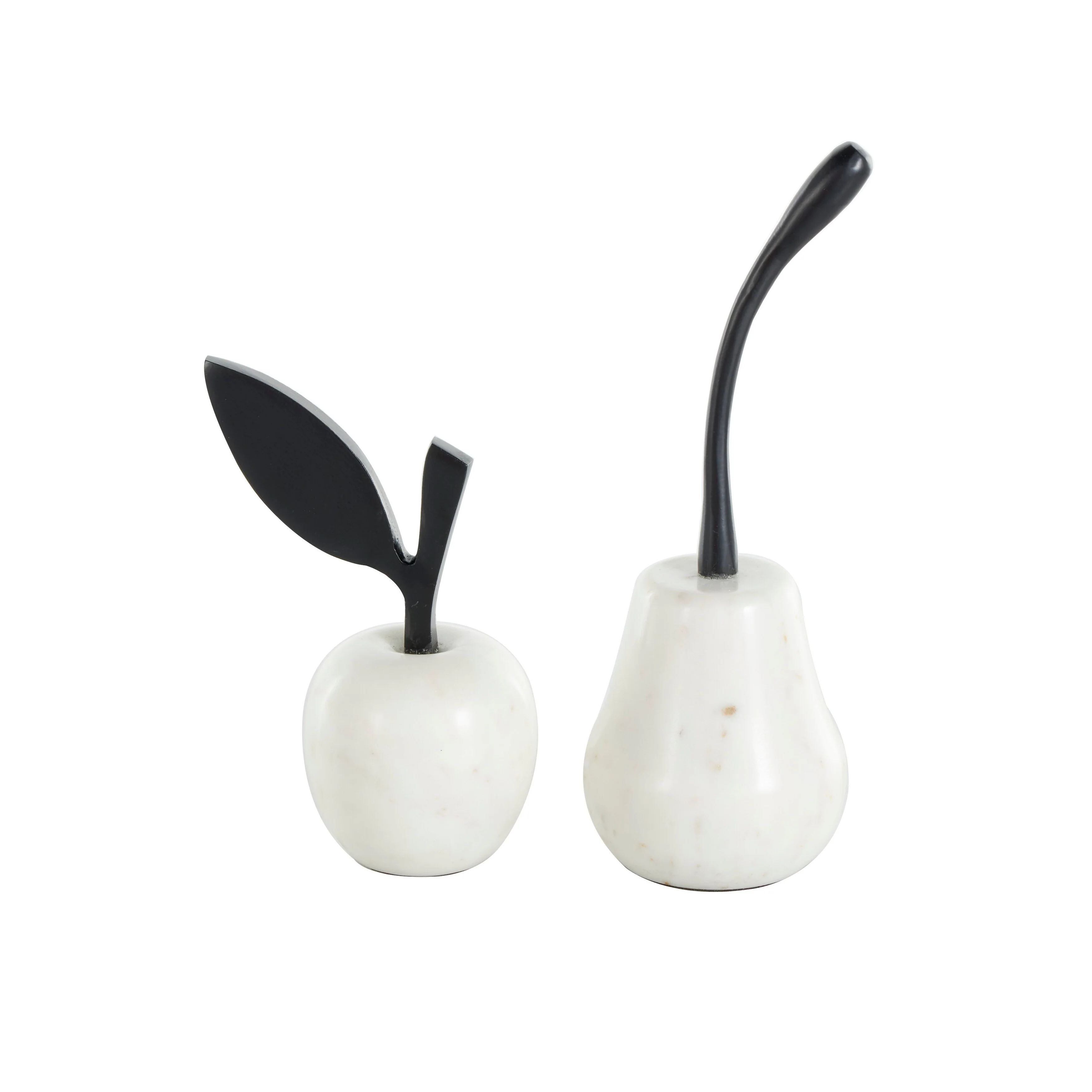 White Marble Abstract Apple and Pear Fruit Decorative Sculpture with Black Stems (Set of 2)