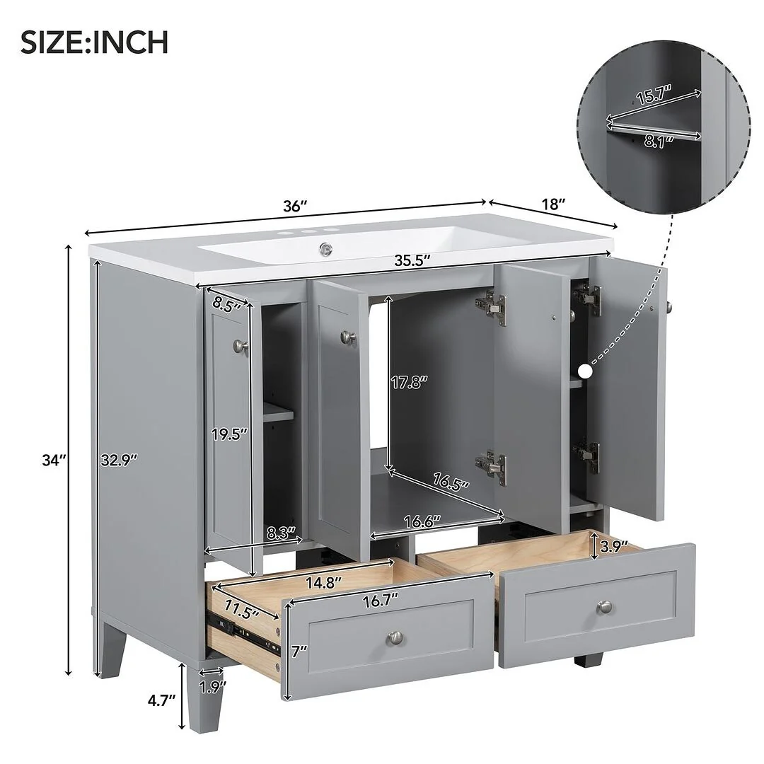 36'' Bathroom Vanity with Sink Set, Solid Wood Frame Bathroom Storage Cabinet, Freestanding Vanity Set