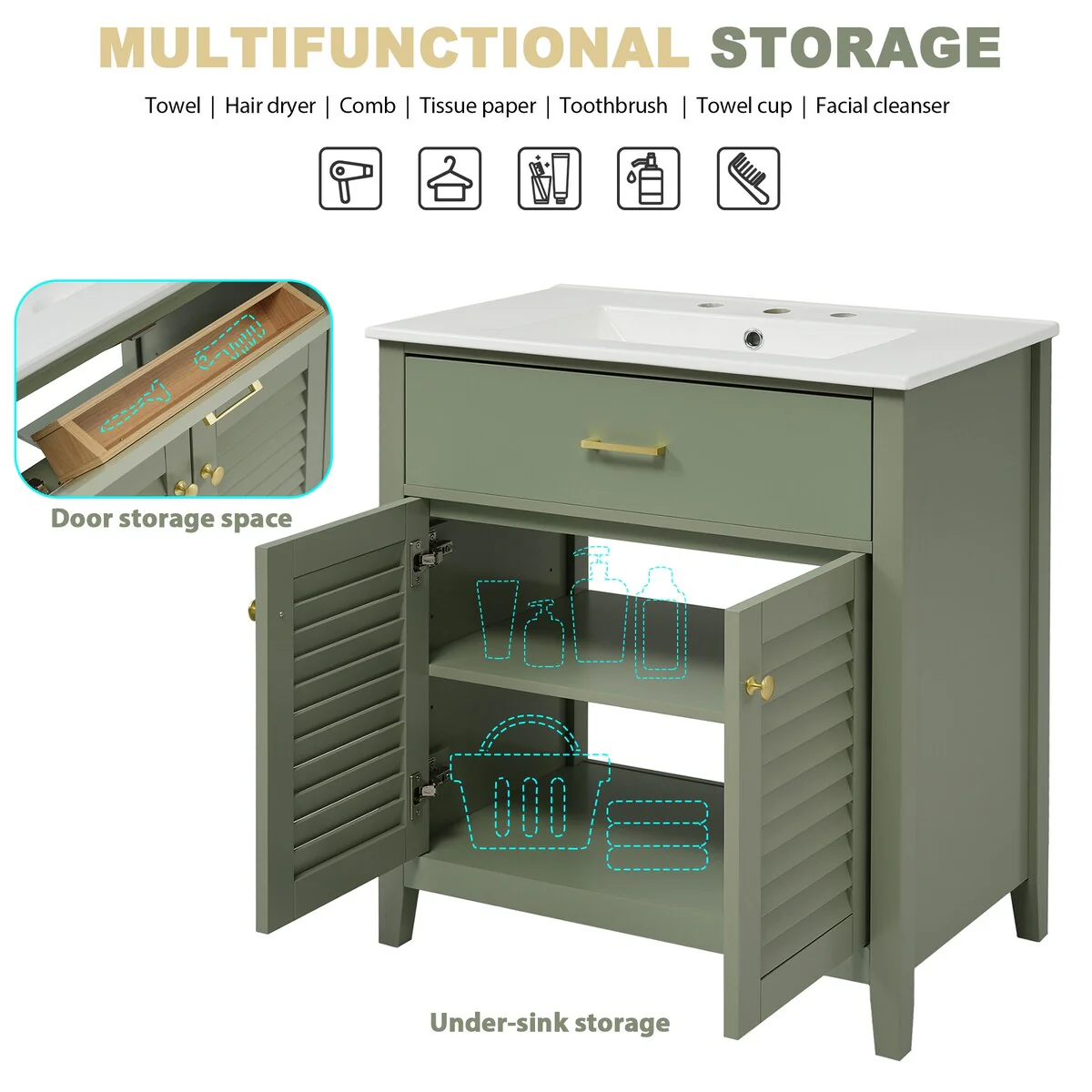 Bathroom Vanity with Ceramic Sink, 1 Pullout Drawer and 2 Doors