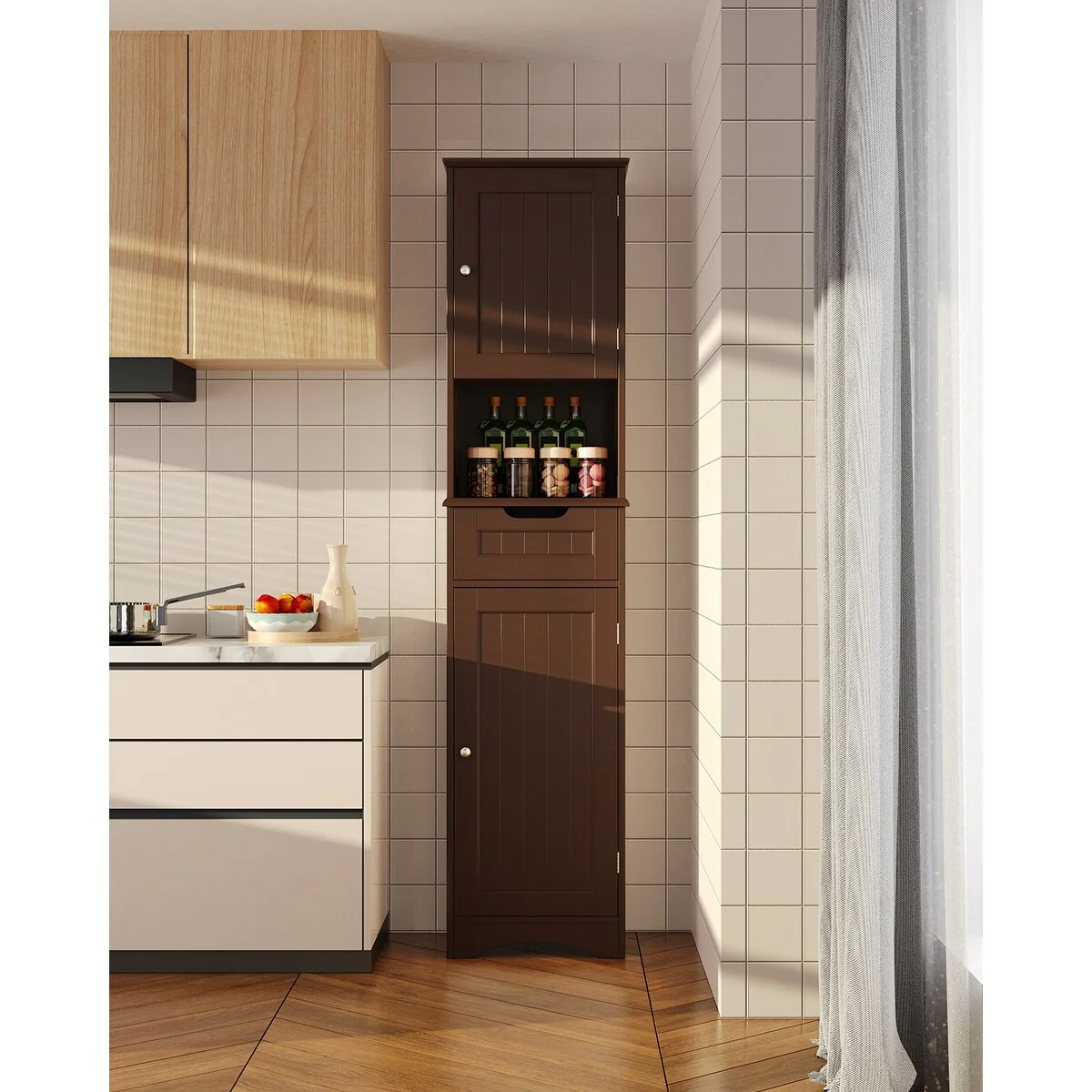 Freestanding Narrow Tall Bathroom Storage Cabinet with Adjustable Shelves, Door and Open Shelves