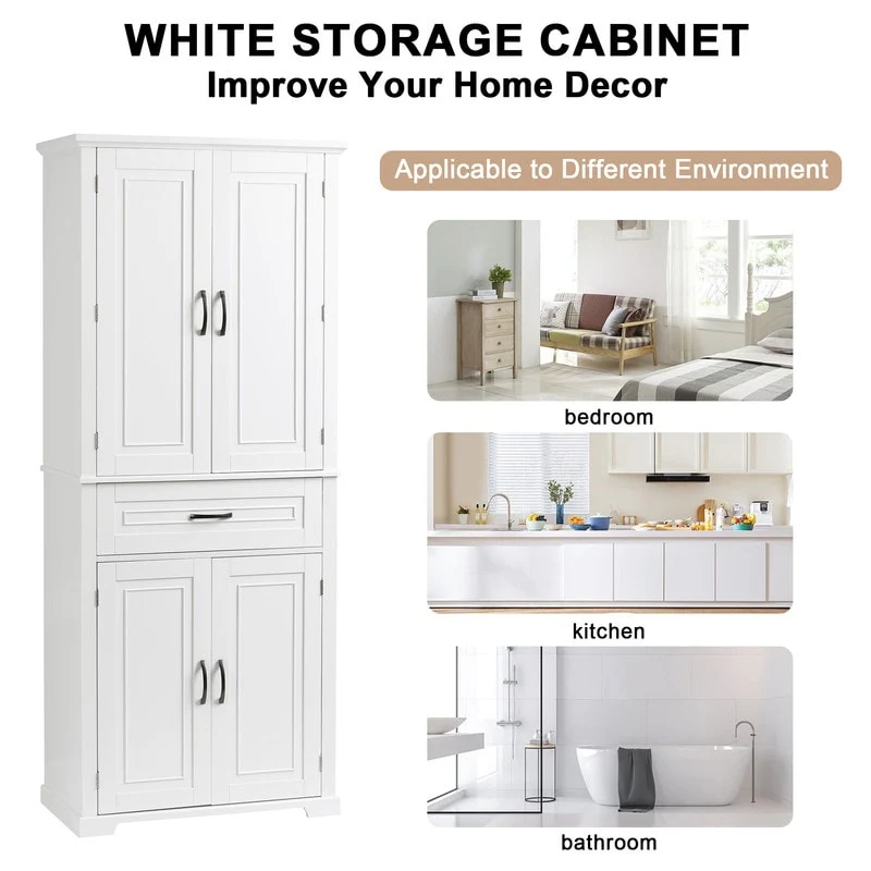 Bathroom Floor Cabinet, Freestanding Storage Cabinet with Doors and Drawer, Kitchen Cupboard with Adjustable Shelf