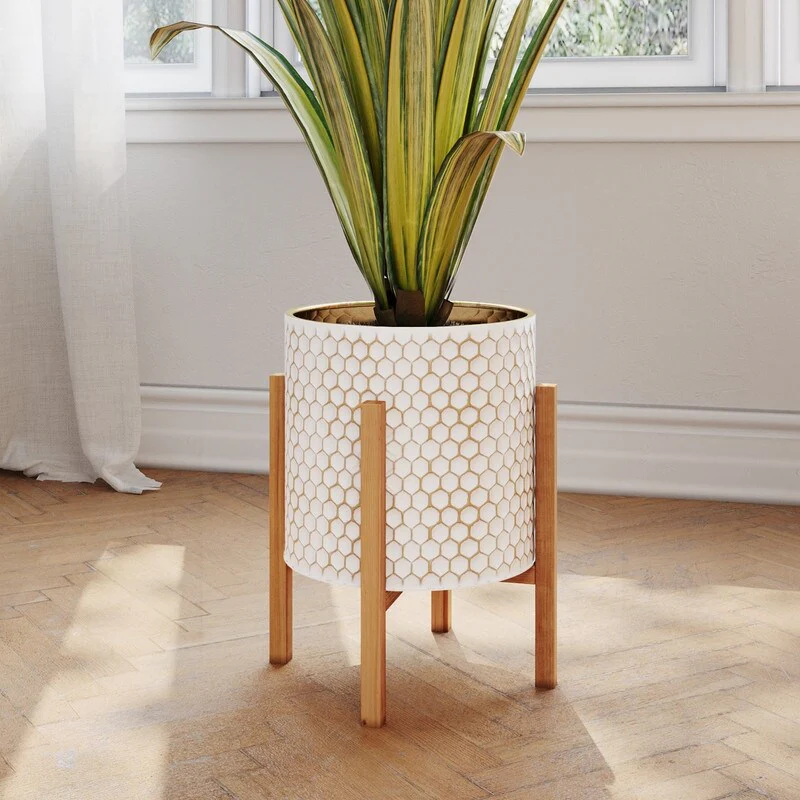 Honeycomb Mid-Century Modern Indoor Metal Pot Planter with 4-Leg Wood Base