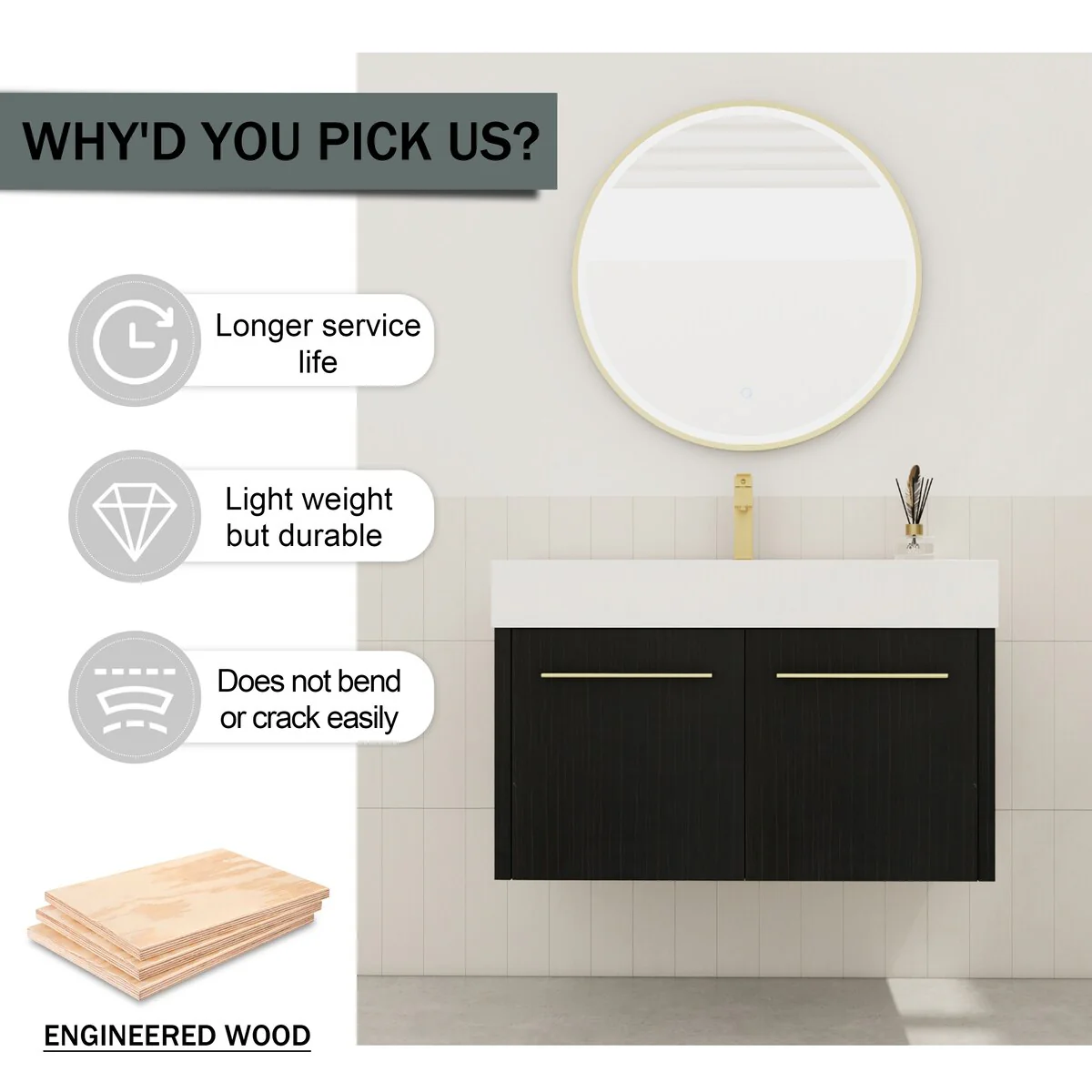 Bathroom Vanity With Sink In 24/30/36 Inch, Floating Bathroom Vanity with Soft Close Door