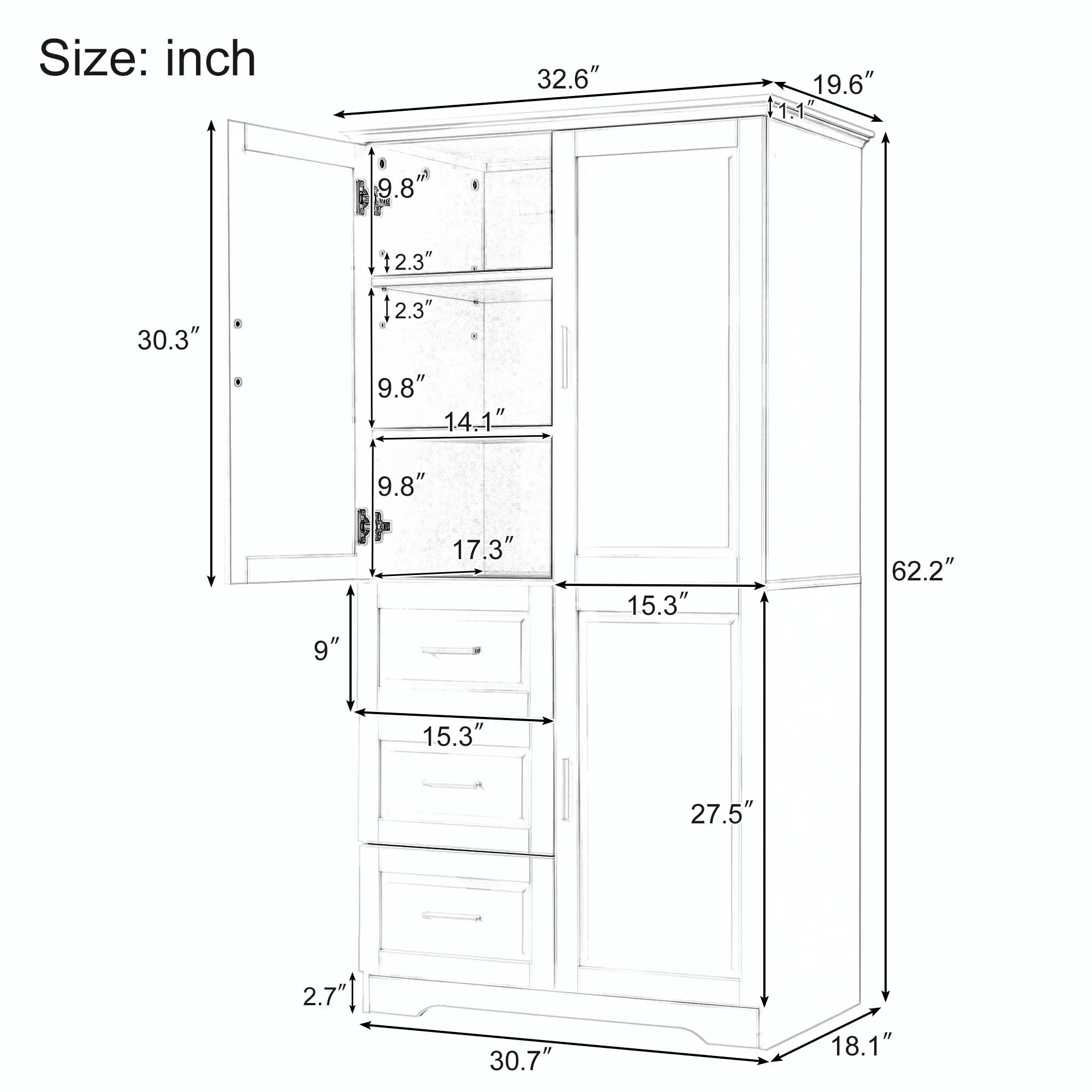Bathroom Storage Cabinet with Drawers and Adjustable Shelf