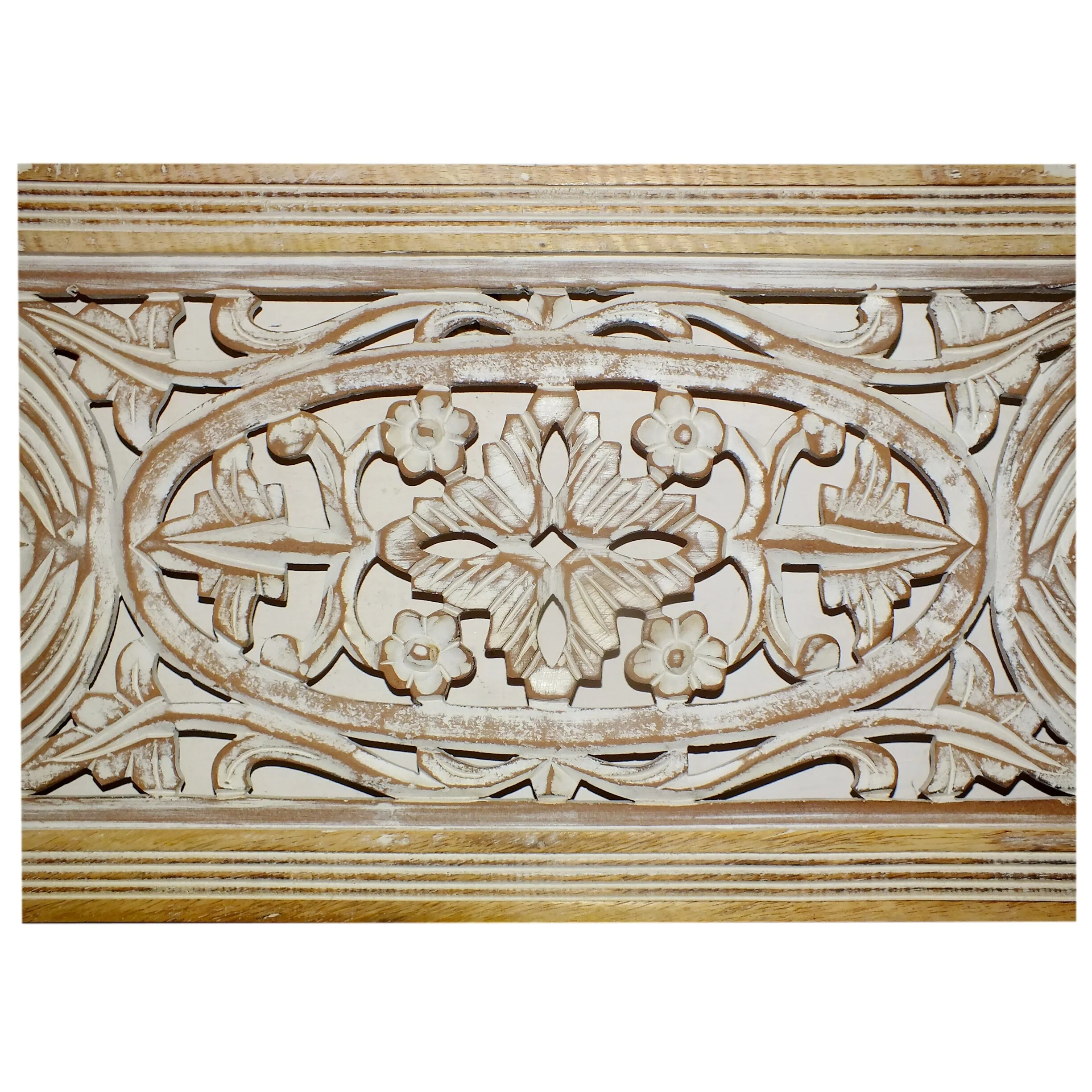 Rectangular Mango Wood Wall Panel Hand Crafted With Intricate Carving, White and Brown