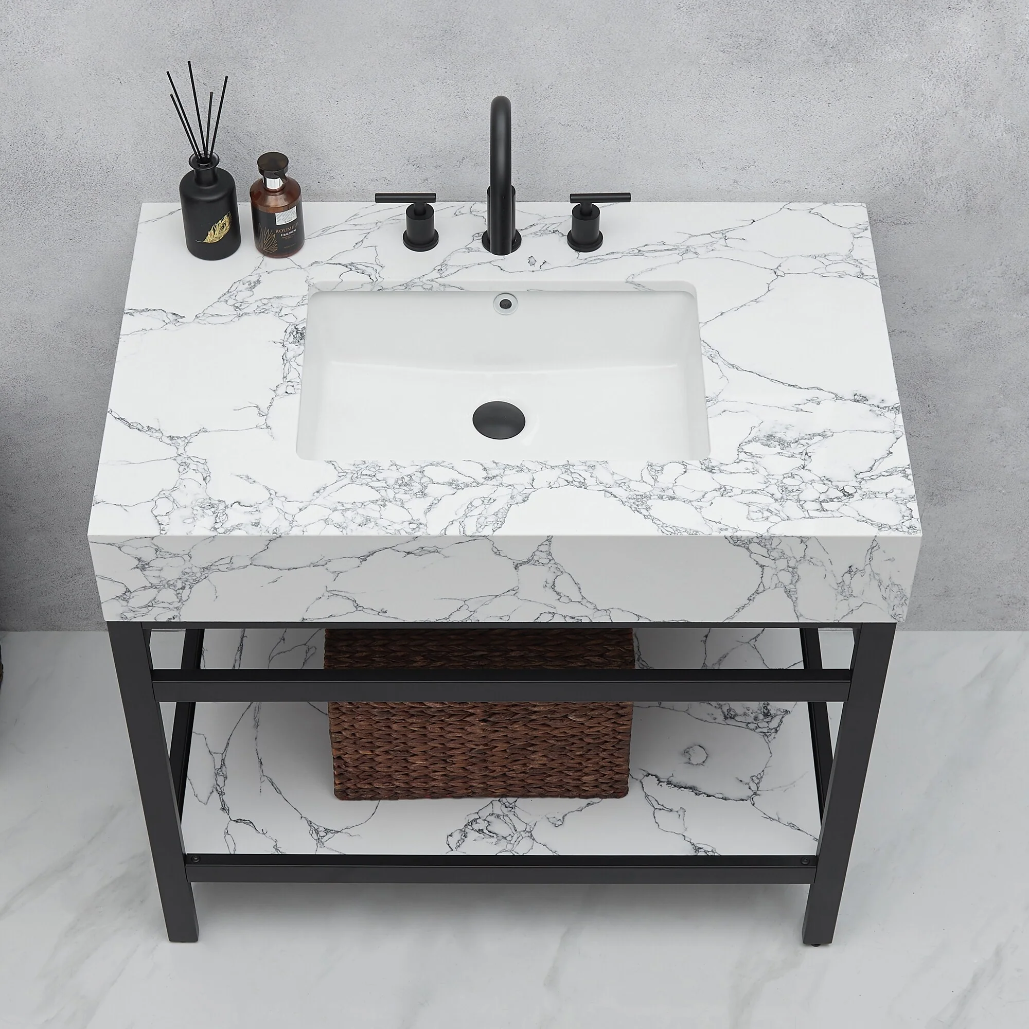 Ecija Bath Vanity, Metal Support with Composite Stone Top, no Mirror