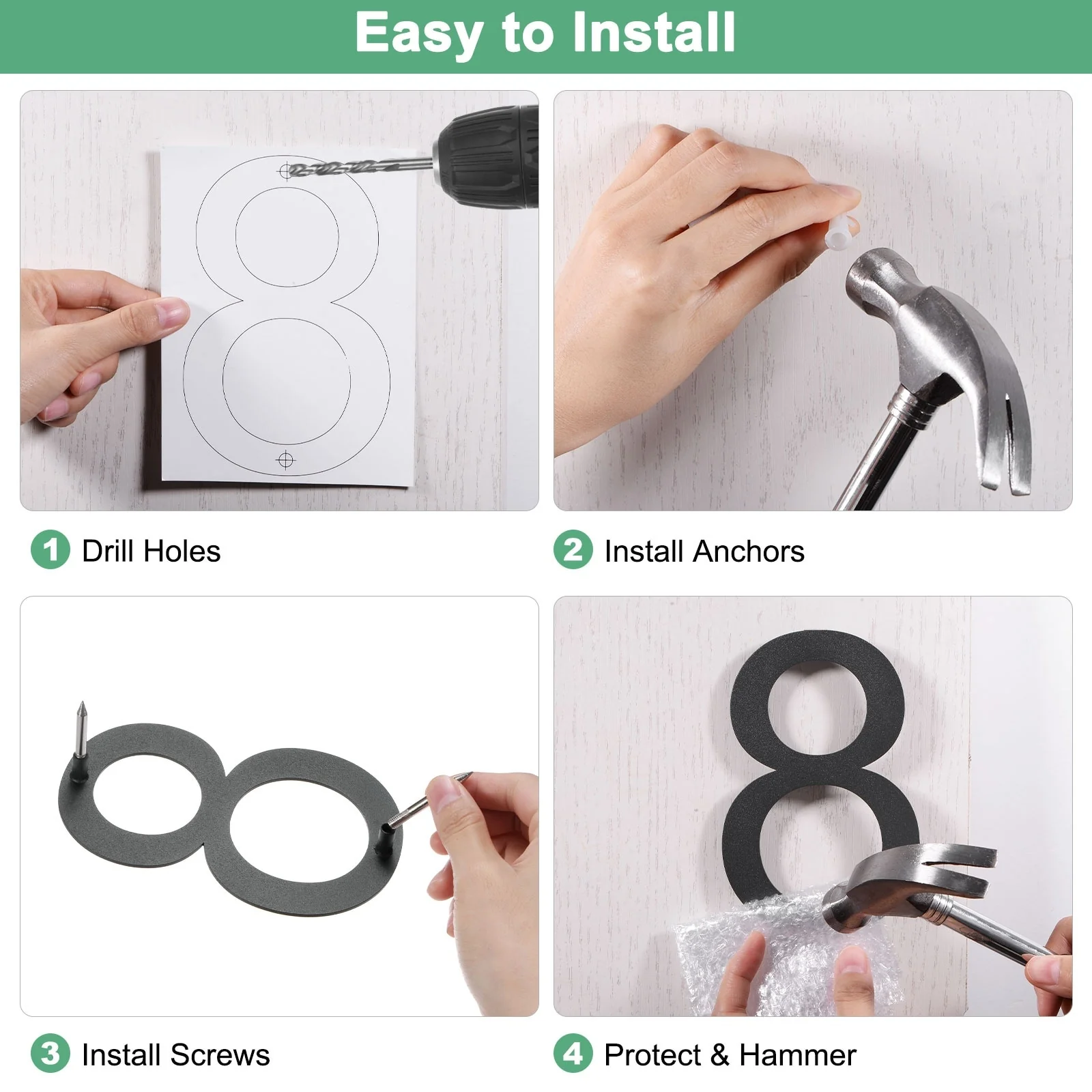 6 Inch Floating House Numbers, Modern House with Nail Kit Black