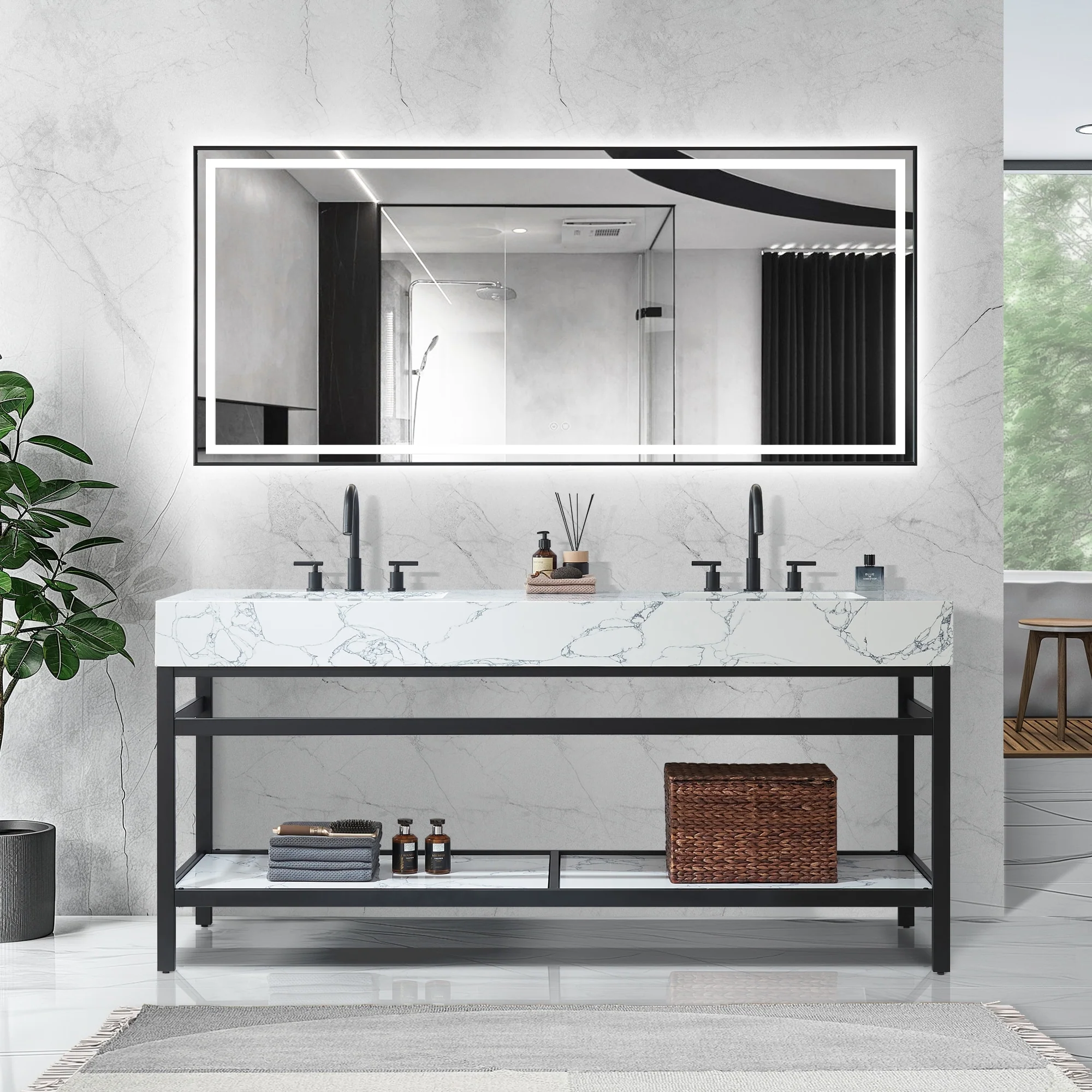 Ecija Bath Vanity, Metal Support with Composite Stone Top, no Mirror