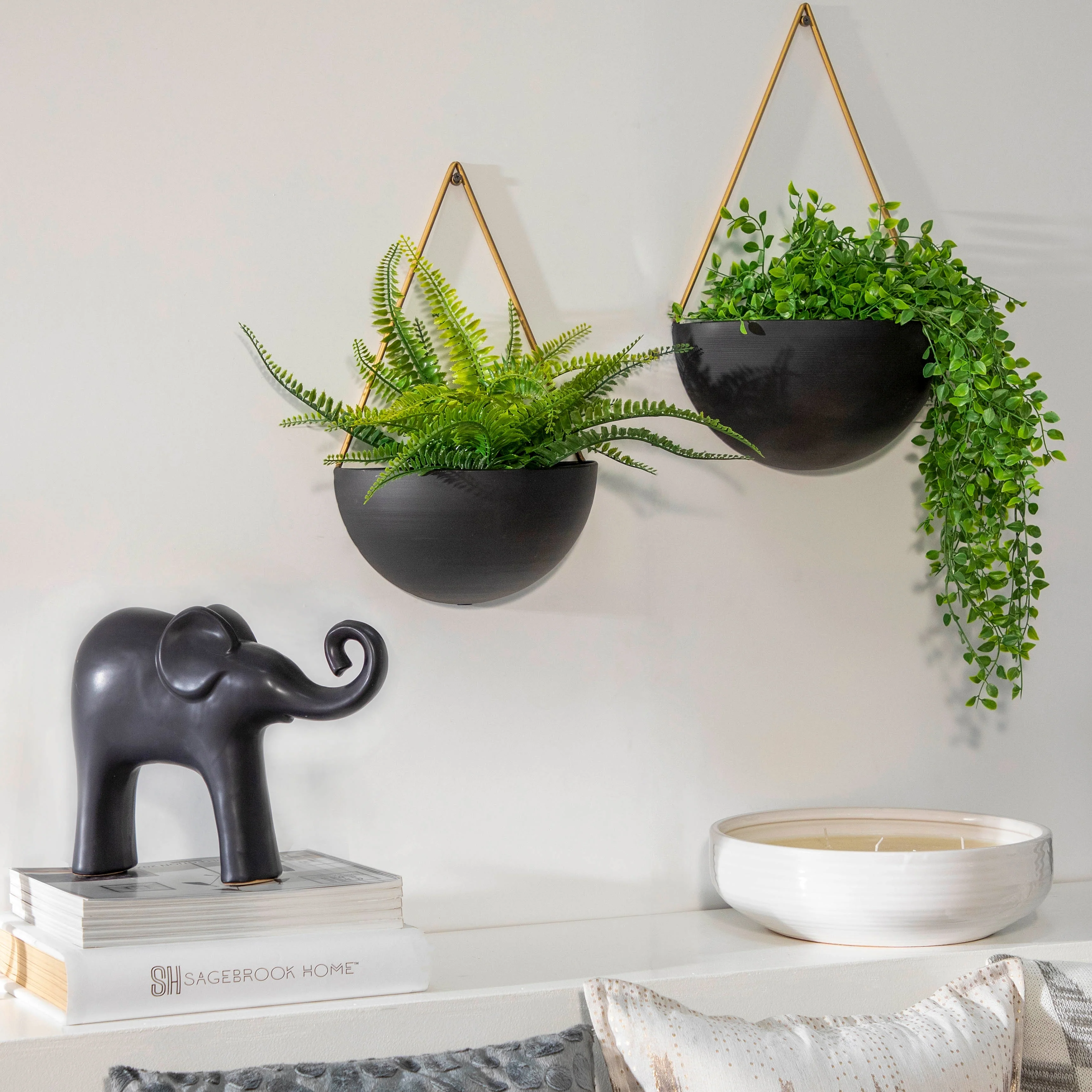 Sagebrook Home Modern Metal Half Moon Wall Planters Set of 2, Drainage Holes, Black and Gold, 12 L x 6 W x 18 H