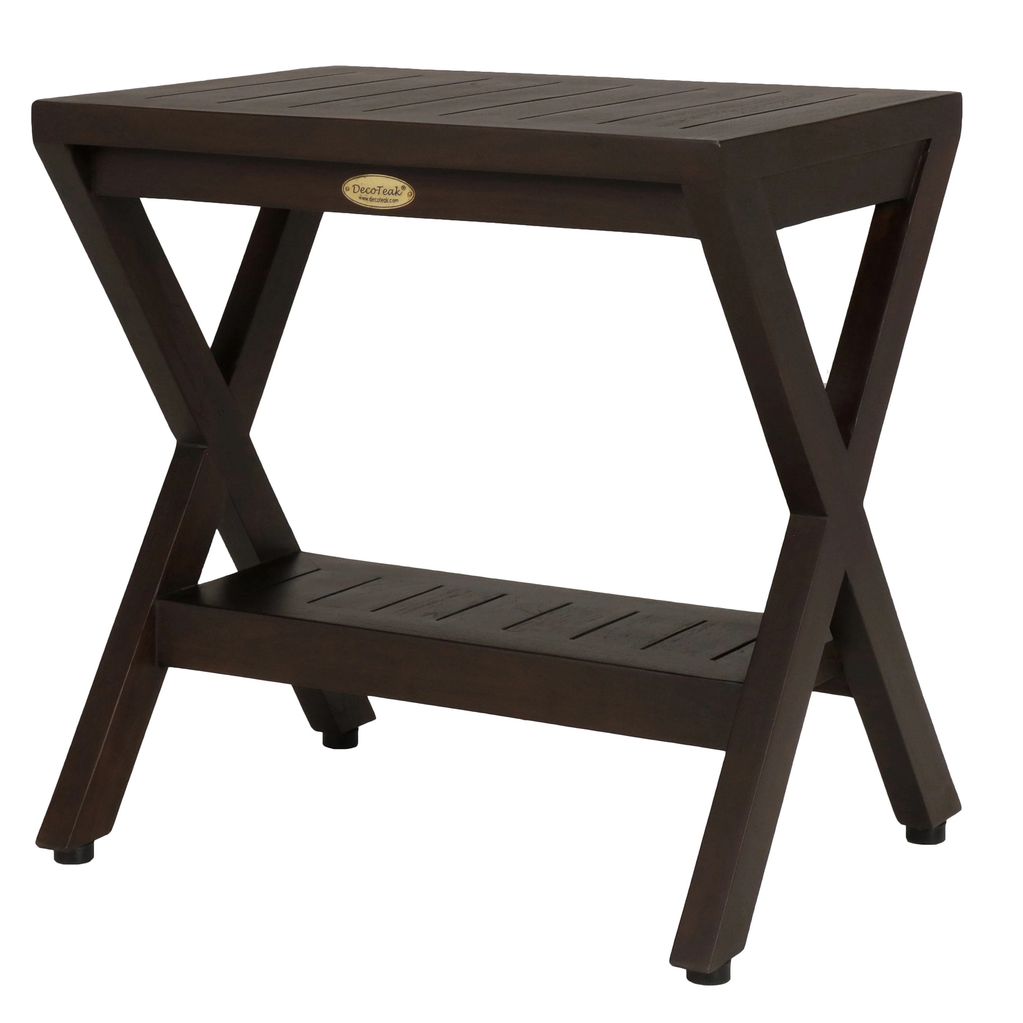 DecoTeak Obliquity Solid Teak Shower Bench With Shelf in WoodLand Brown Finish