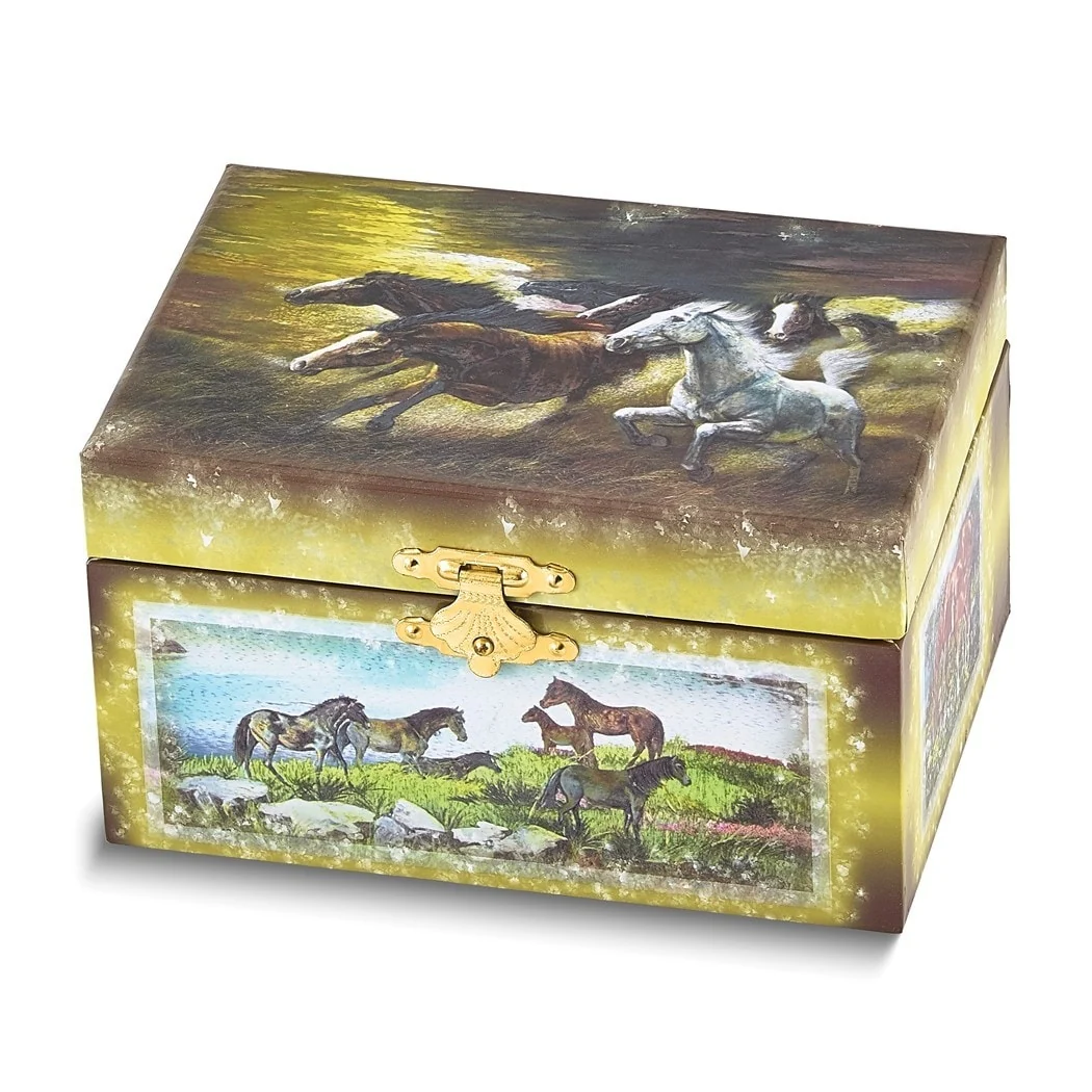 Curata ChildrenS Wild Horse Themed Graphic Wrap with Mirror Twirling Pony Music Box (Plays Brother Jacob)