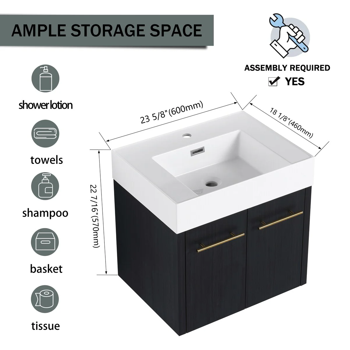 Bathroom Vanity With Sink In 24/30/36 Inch, Floating Bathroom Vanity with Soft Close Door