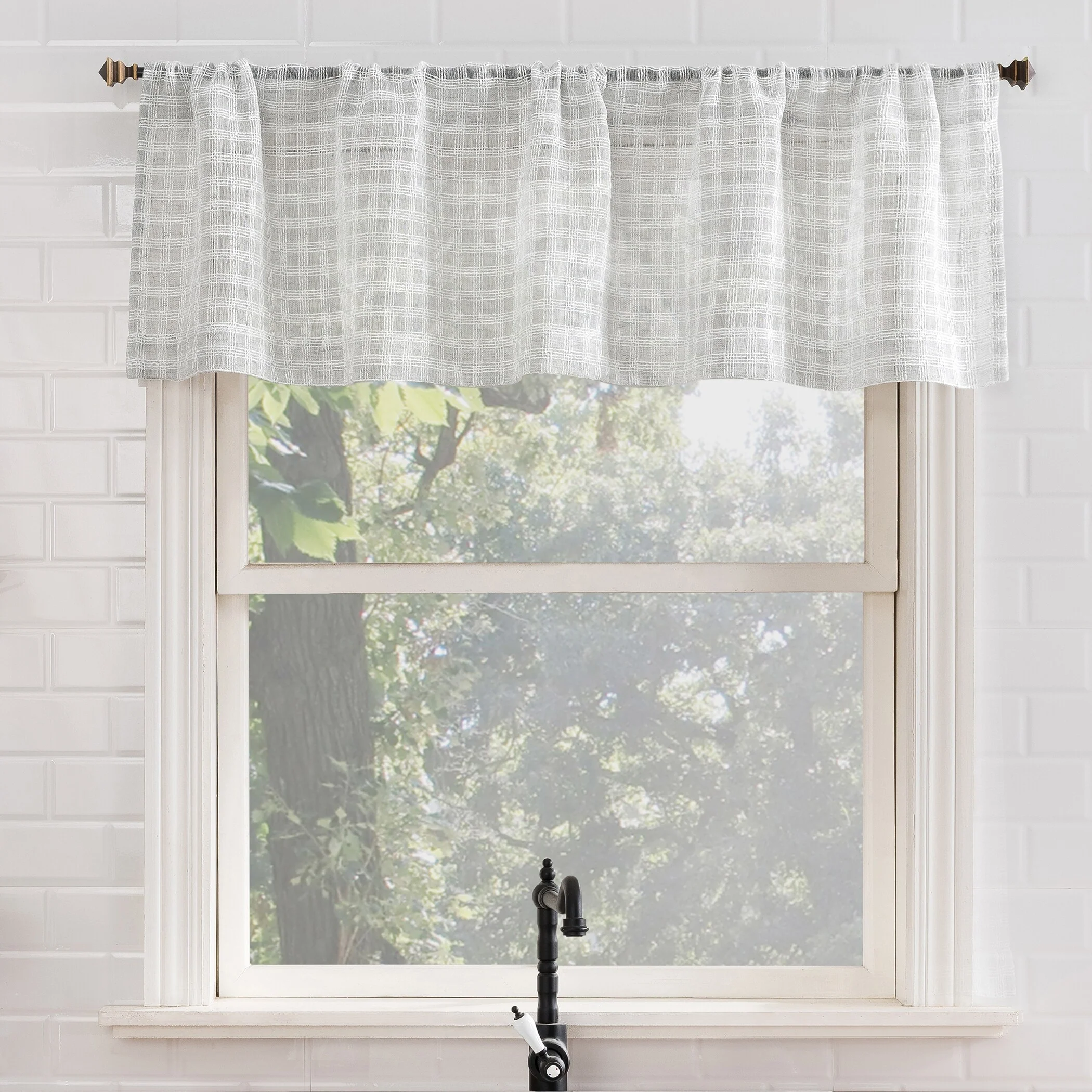 No. 918 Tayen Slub Windowpane Semi-Sheer Rod Pocket 1-Piece Kitchen Curtain Valance - 54