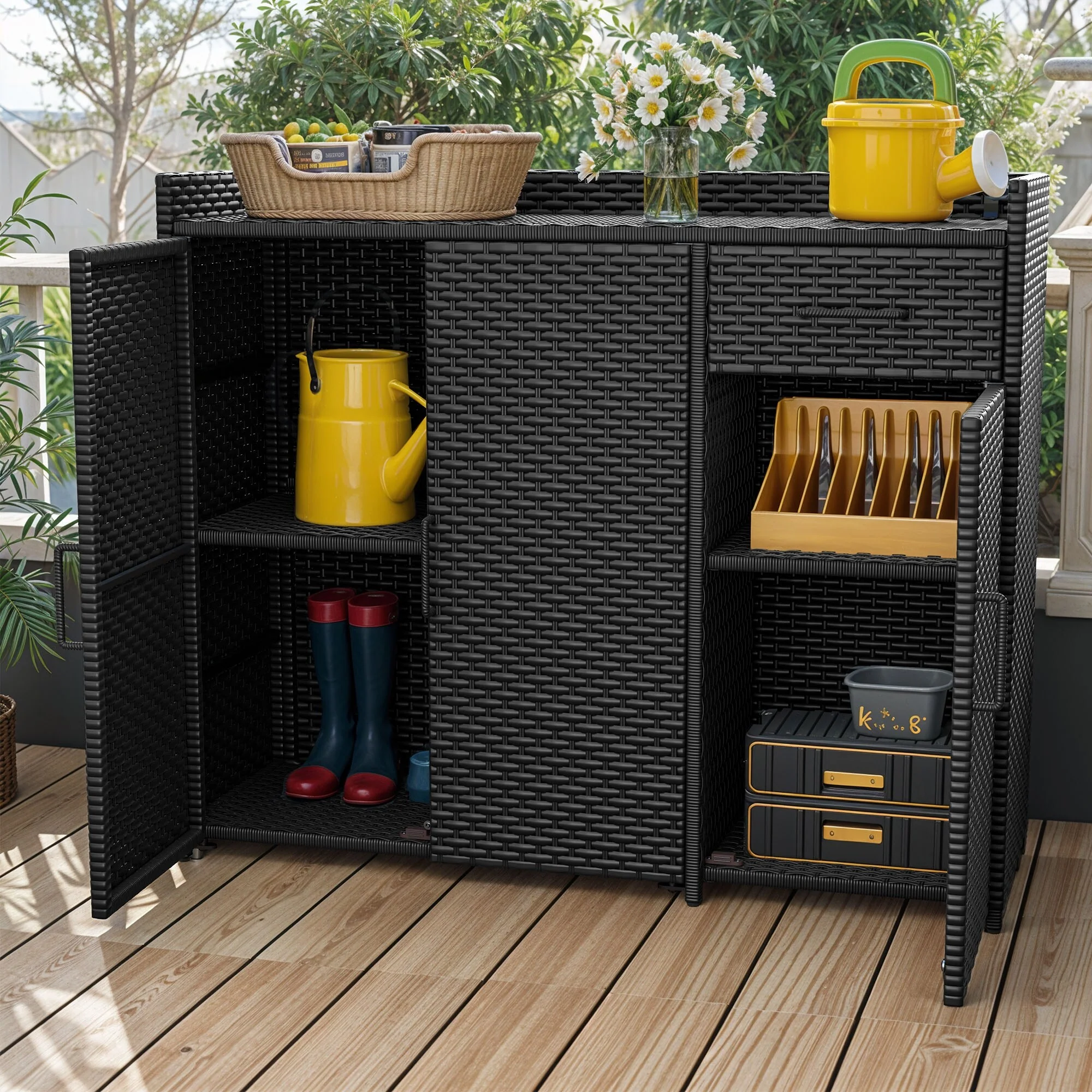 Moasis Outdoor Rattan Wicker Storage Cabinet Bar Table with 2 Doors and Drawers